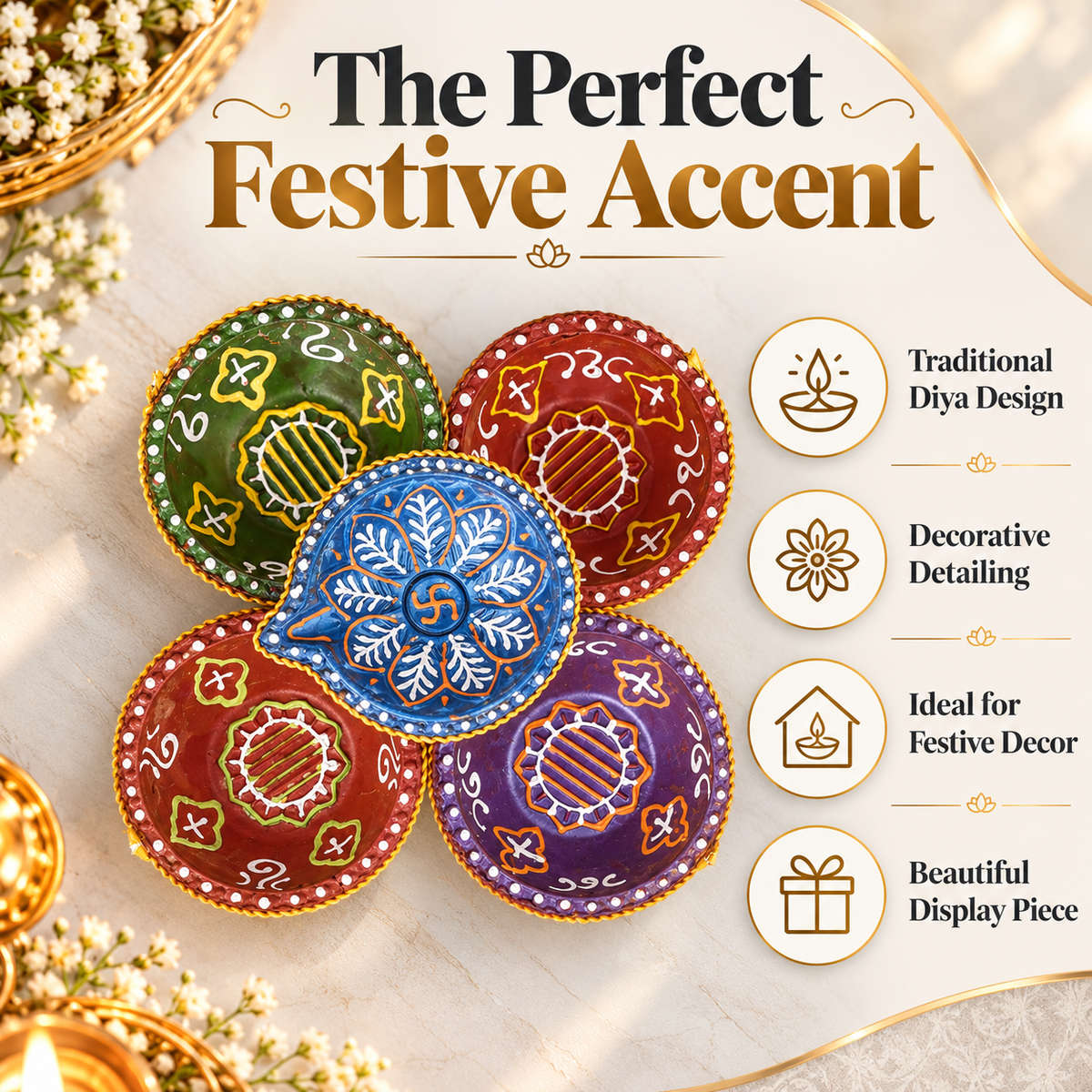 Multicolour Decorative Diya Set of 5 – Traditional Handpainted Style Diwali Diyas