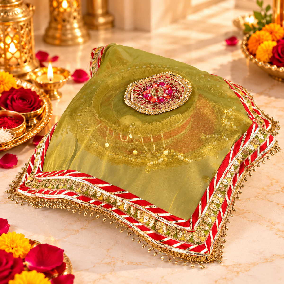 Green & Red Embroidered Pooja Thali Cover with Golden Lace