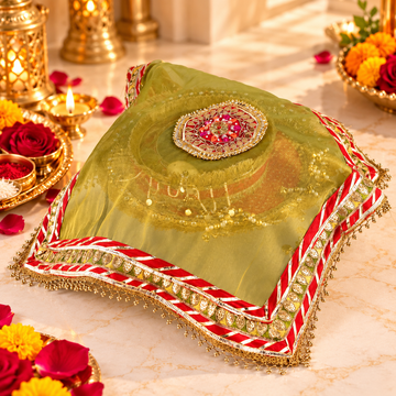 Green & Red Embroidered Pooja Thali Cover with Golden Lace