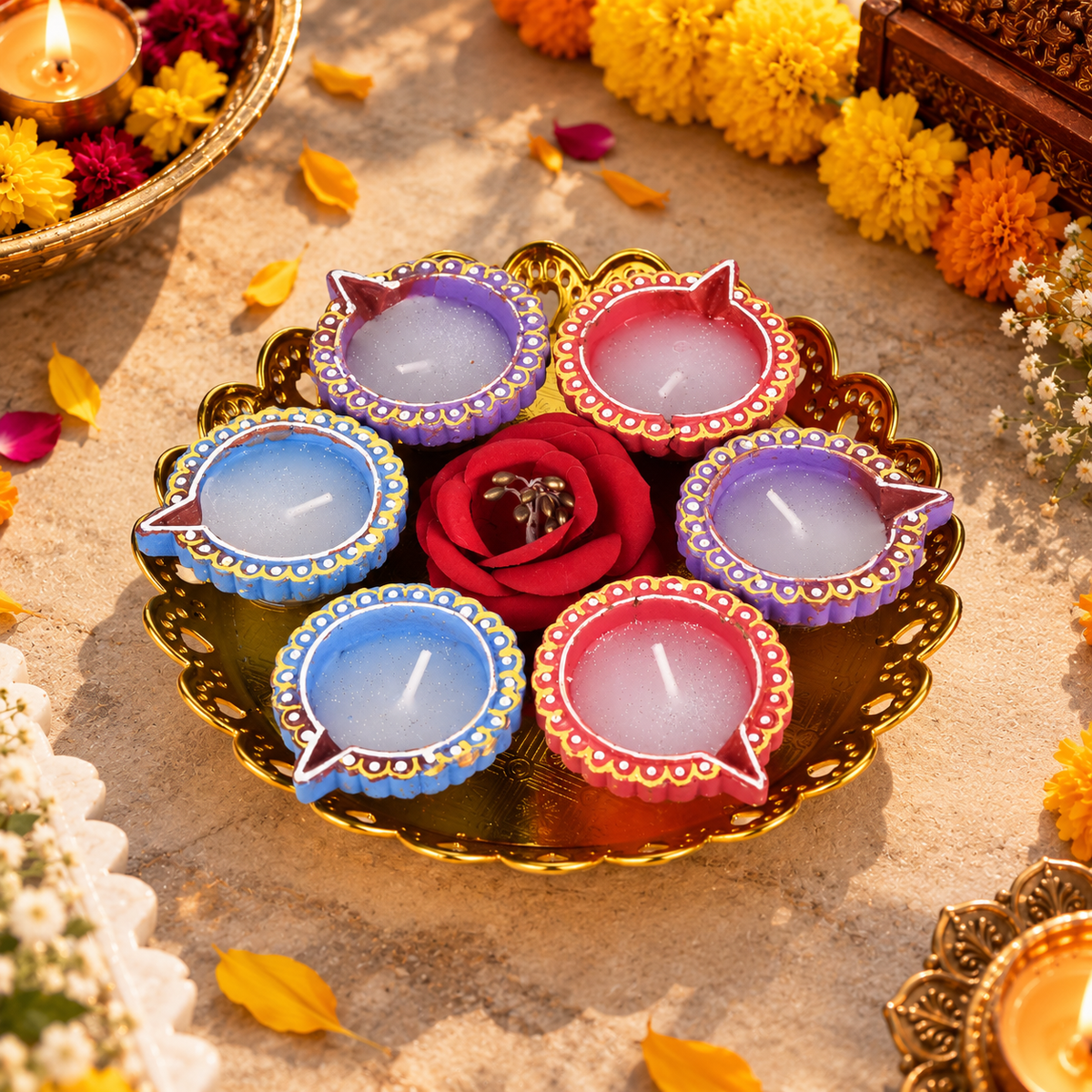 6 Multicolour Decorative Diya Set with Golden Thali for Diwali Decoration