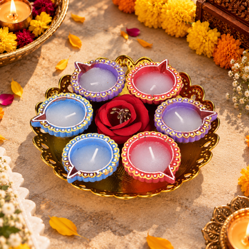 6 Multicolour Decorative Diya Set with Golden Thali for Diwali Decoration