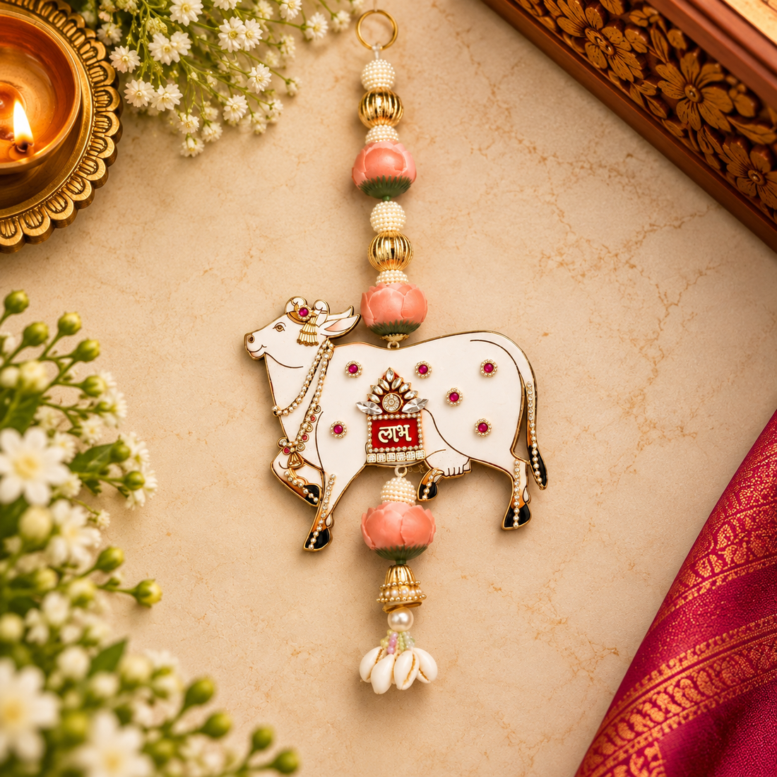 Shubh Labh Cow Wall Hanging Toran with Lotus Flowers & Pearl Tassels – 38 cm Hight