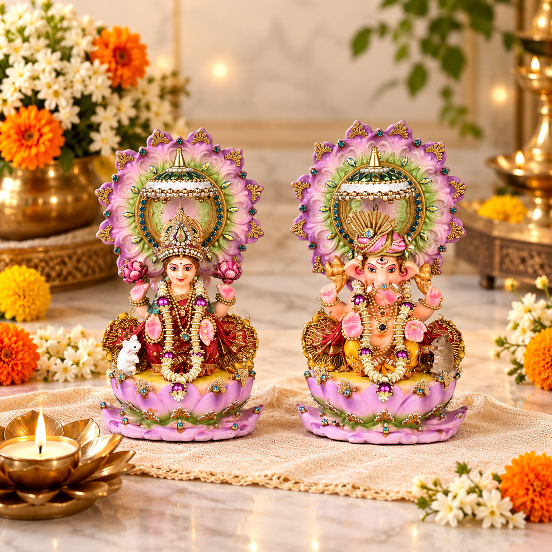 Pink Lotus Lakshmi Ganesh Idol Set for Diwali Pooja & Home Decor | 15 cm