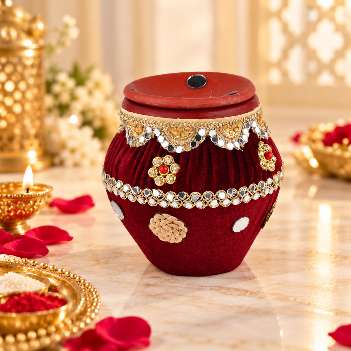 Maroon Velvet Decorative Karwa Chauth Pooja Set with Lid & Diya