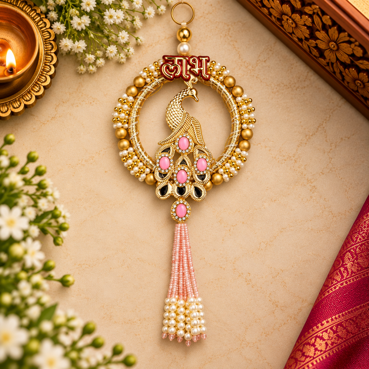 Shubh Labh Peacock Wall Hanging with Pearl Beads & Pink Tassels –  22 cm Hight