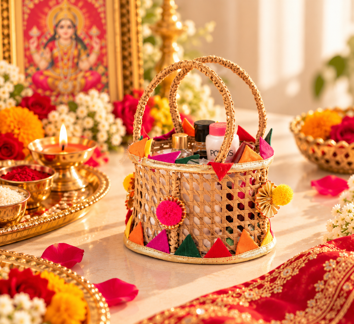 Karwa Chauth Pooja & Makeup Essentials Kit with Decorative Basket
