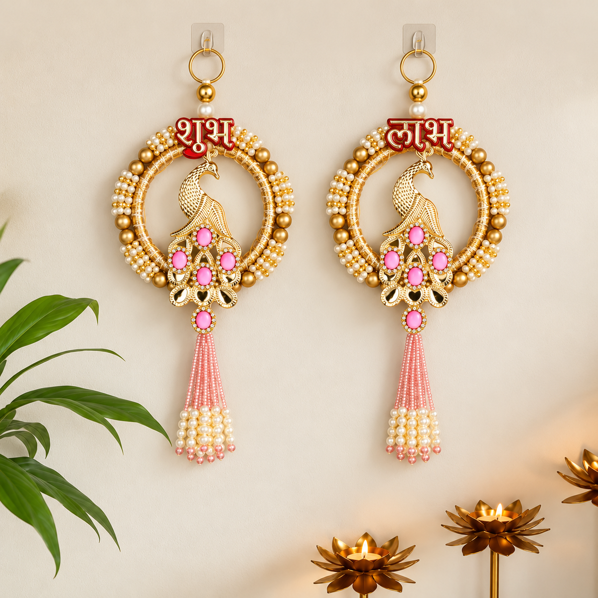 Shubh Labh Peacock Wall Hanging with Pearl Beads & Pink Tassels –  22 cm Hight