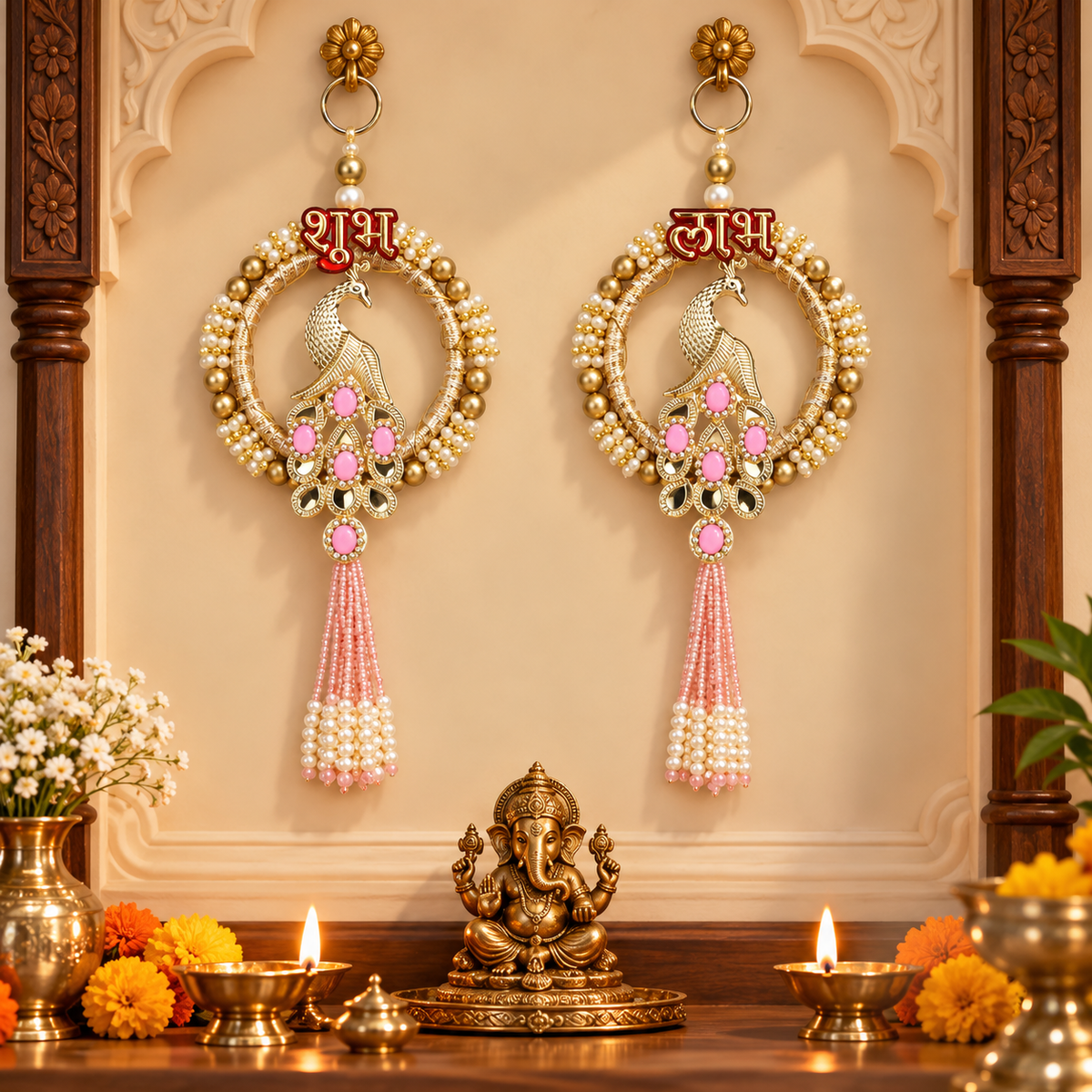 Shubh Labh Peacock Wall Hanging with Pearl Beads & Pink Tassels –  22 cm Hight