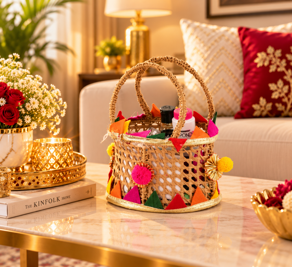 Karwa Chauth Pooja & Makeup Essentials Kit with Decorative Basket