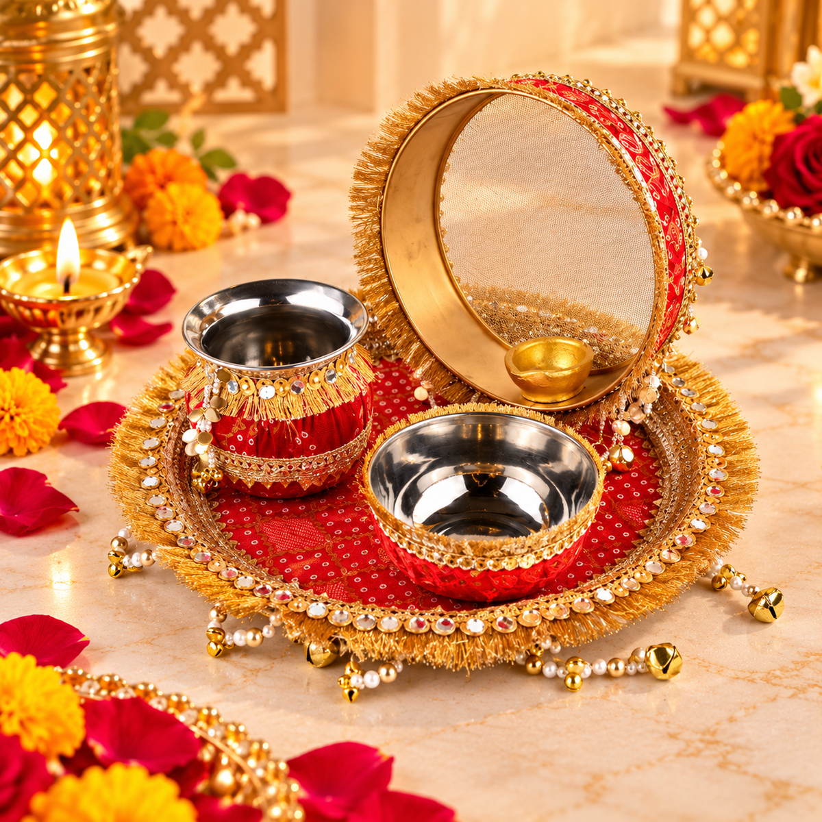 Red & Gold Karwa Chauth Pooja Thali Set with Karwa, Bowls & Decorative Sieve