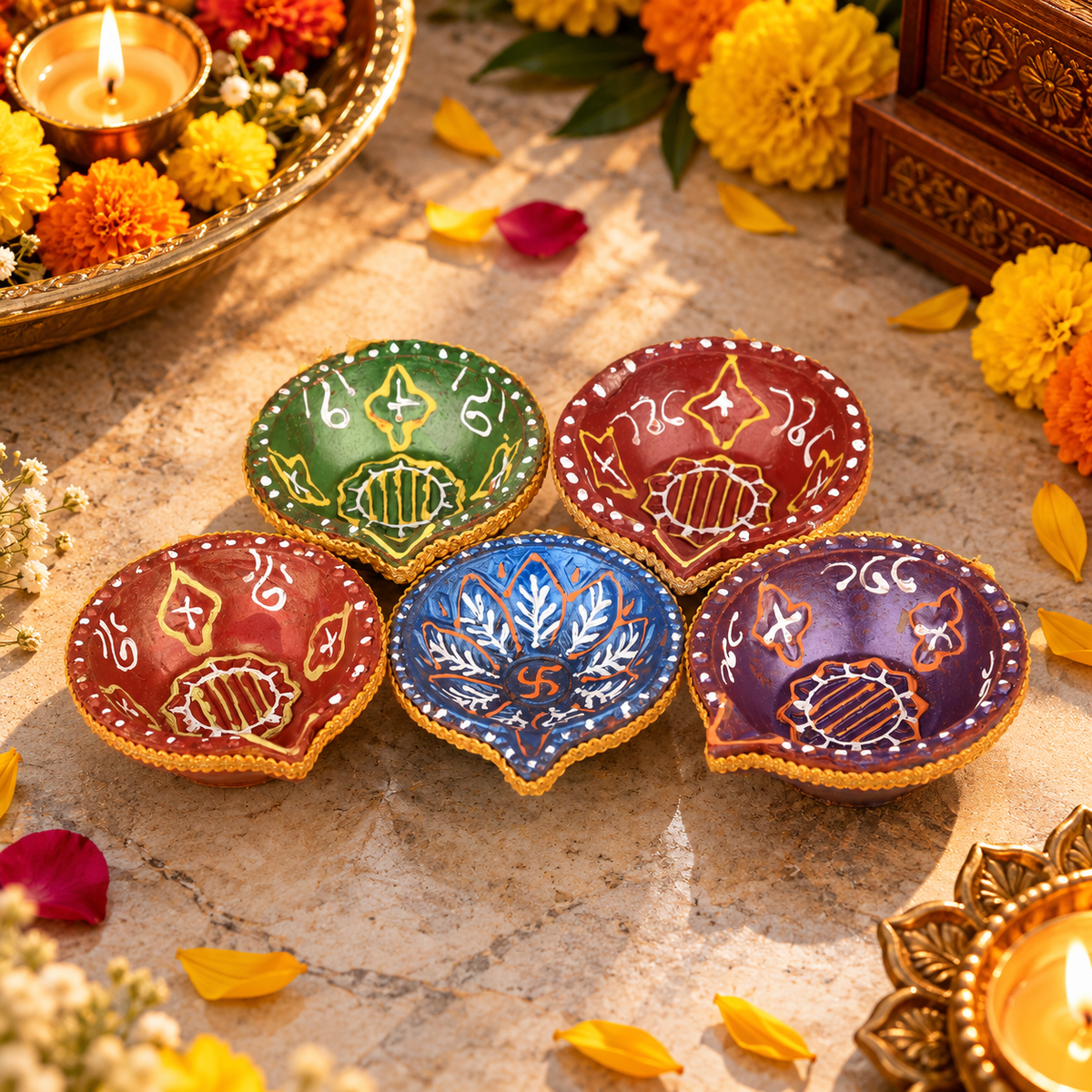 Multicolour Decorative Diya Set of 5 – Traditional Handpainted Style Diwali Diyas