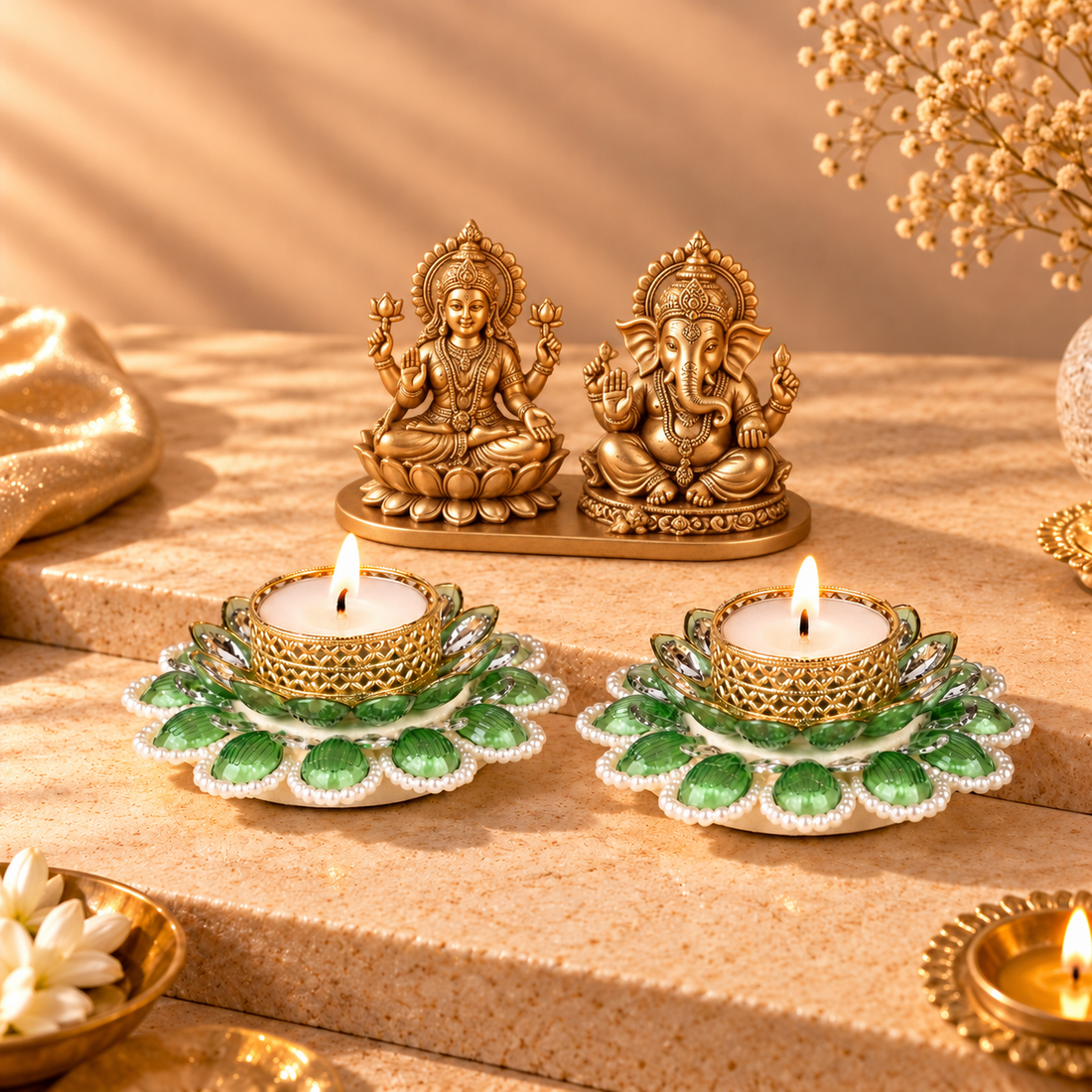Green & Gold Lotus Decorative Tealight Candle Holder Set of 2 Diya for Diwali Decor