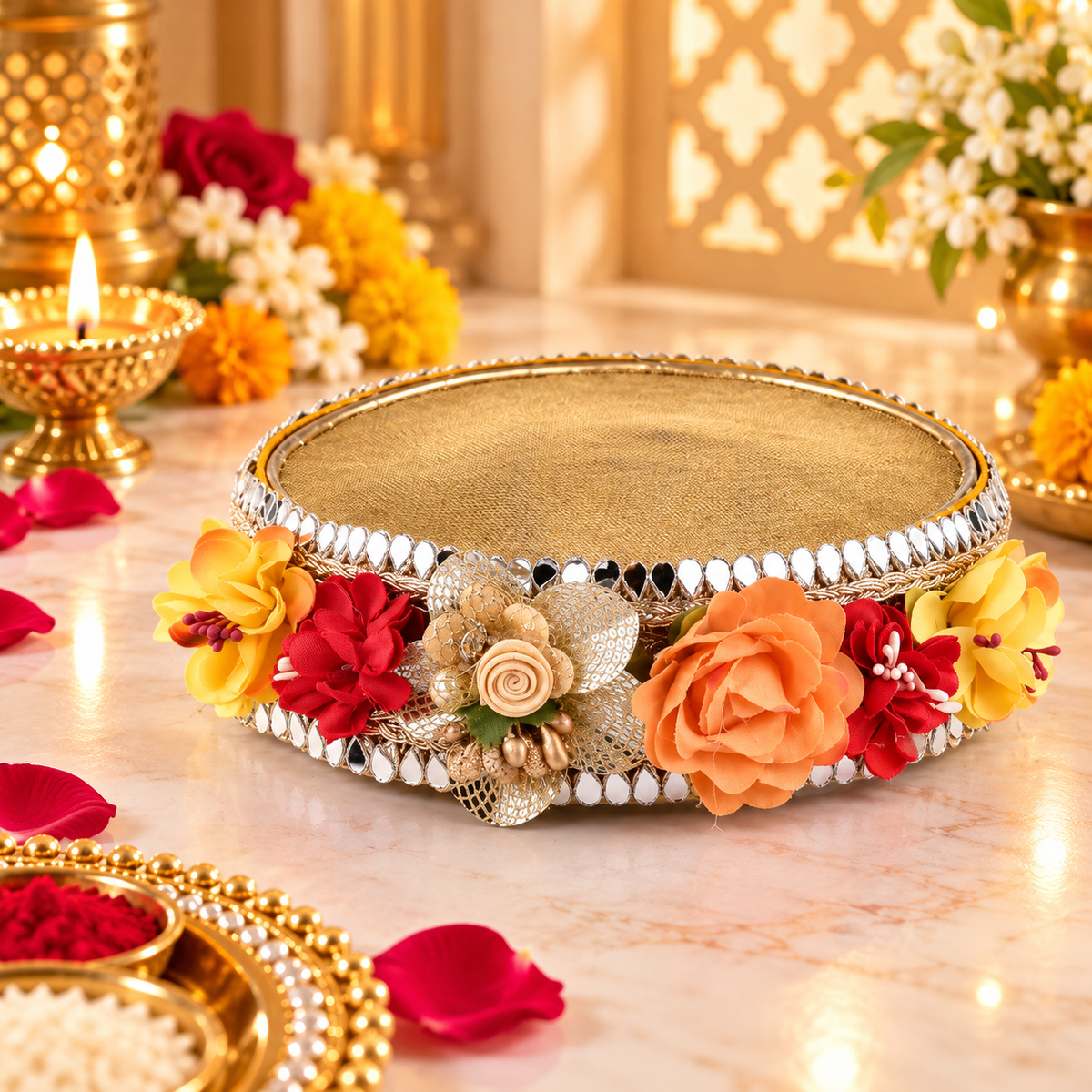 Karwa Chauth Puja Channi | Decorative Karwa Chauth Sieve with Pearl Tassels for Traditional Fasting Rituals