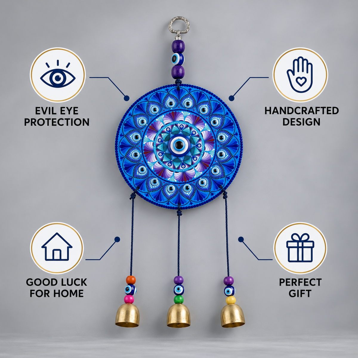 Hanging Evil Eye Wall Decor with Bells | Nazar Suraksha Totem for Home & Office- 30 cm Hight
