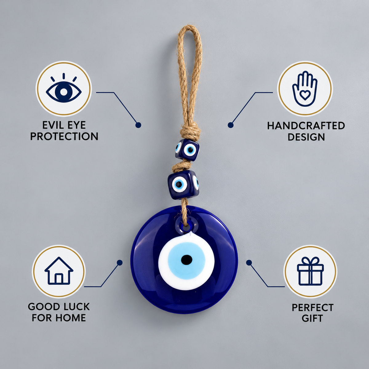 Hanging Evil Eye Protection Charm with Blue Glass Beads & Jute Rope – 26 cm Hight