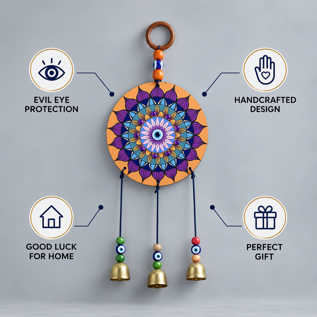Evil Eye Hanging with Mandala Design | Wall Hanging with Bells for Positive Energy & Home Decor- 30 cm Hight