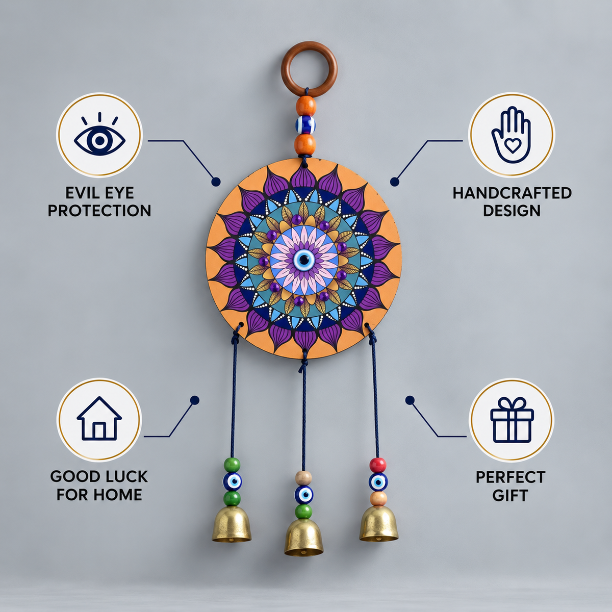 Evil Eye Hanging with Mandala Design | Wall Hanging with Bells for Positive Energy & Home Decor- 30 cm Hight