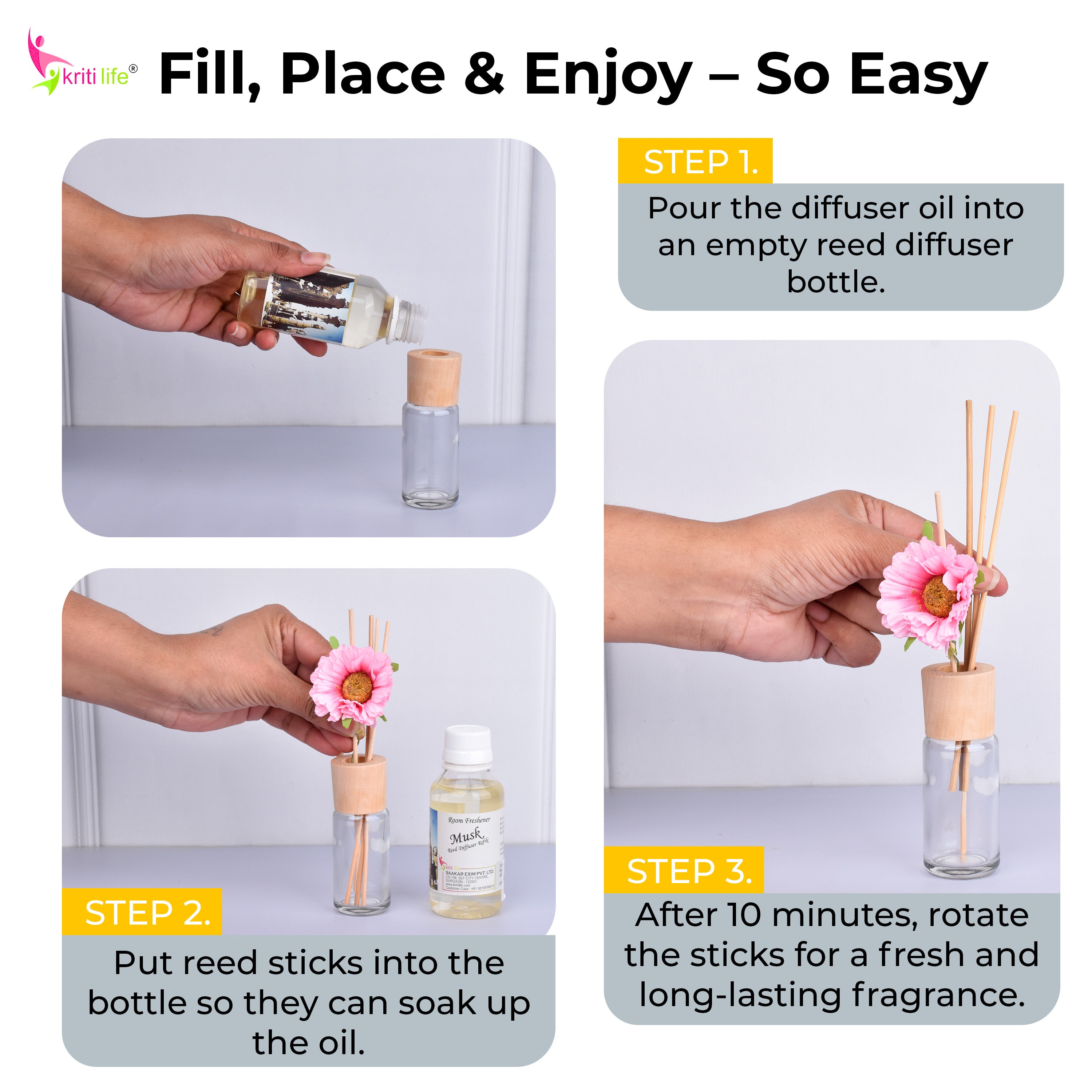 Kriti Life Reed Diffuser Refill - Musk 90ML Long-Lasting Room Fragrance