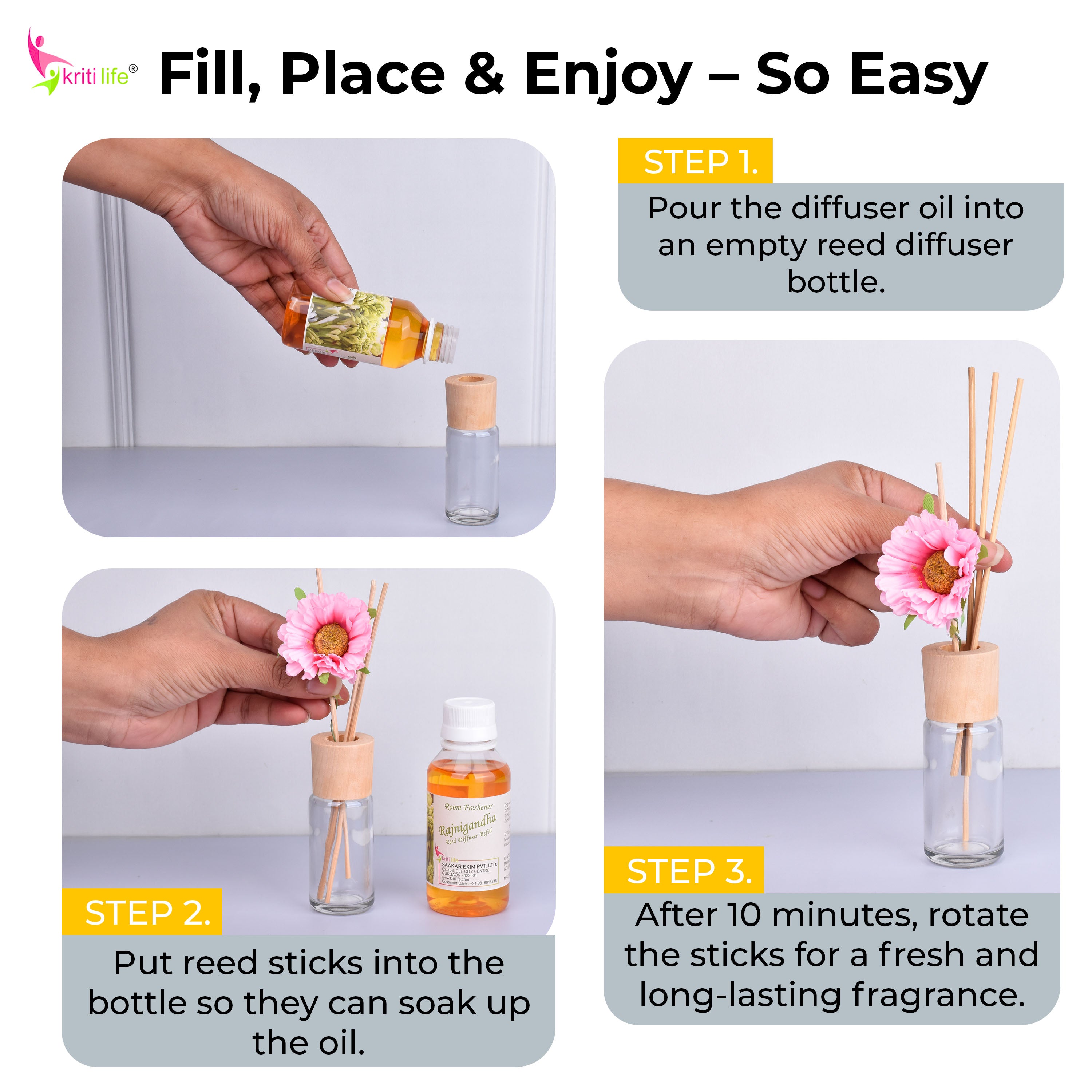 Kriti Life Reed Diffuser Refill - Rajni Gandha 90ML Long-Lasting Room Fragrance