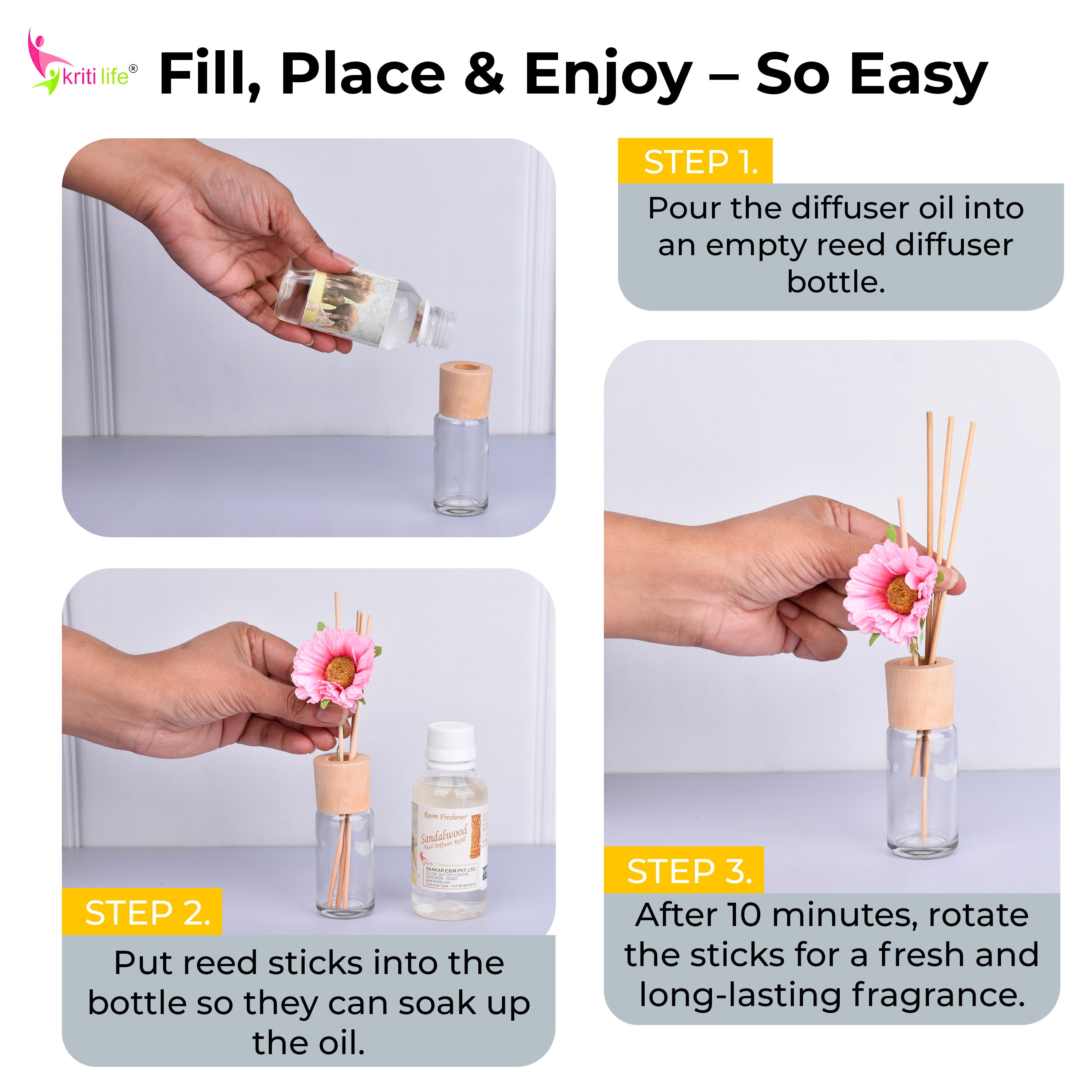 Kriti Life Reed Diffuser Refill - Sandalwood 90ML Long-Lasting Room Fragrance