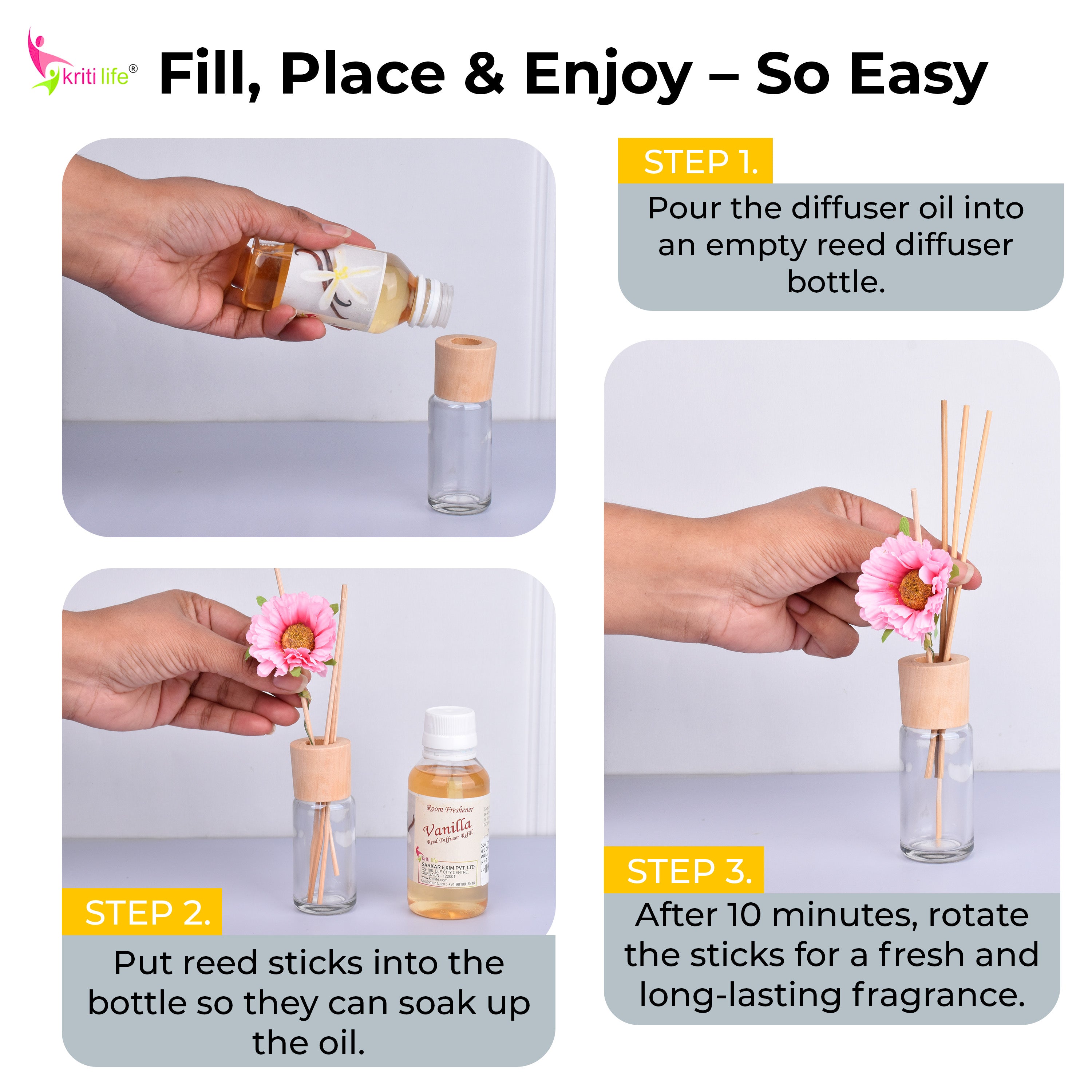 Kriti Life Reed Diffuser Refill - Vanilla 90ML Long-Lasting Room Fragrance