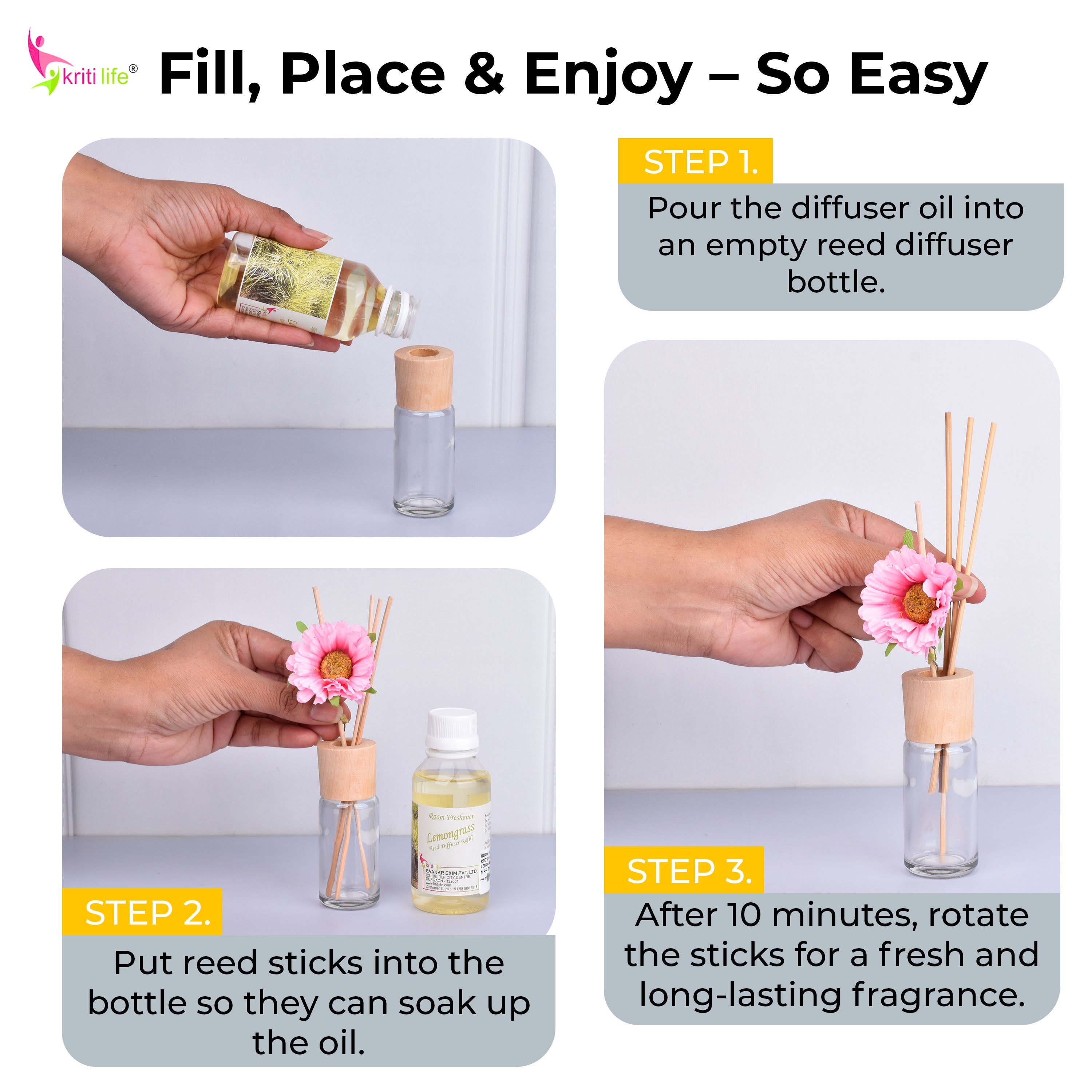 Kriti Life Reed Diffuser Refill - Lemon 90ML Long-Lasting Room Fragrance