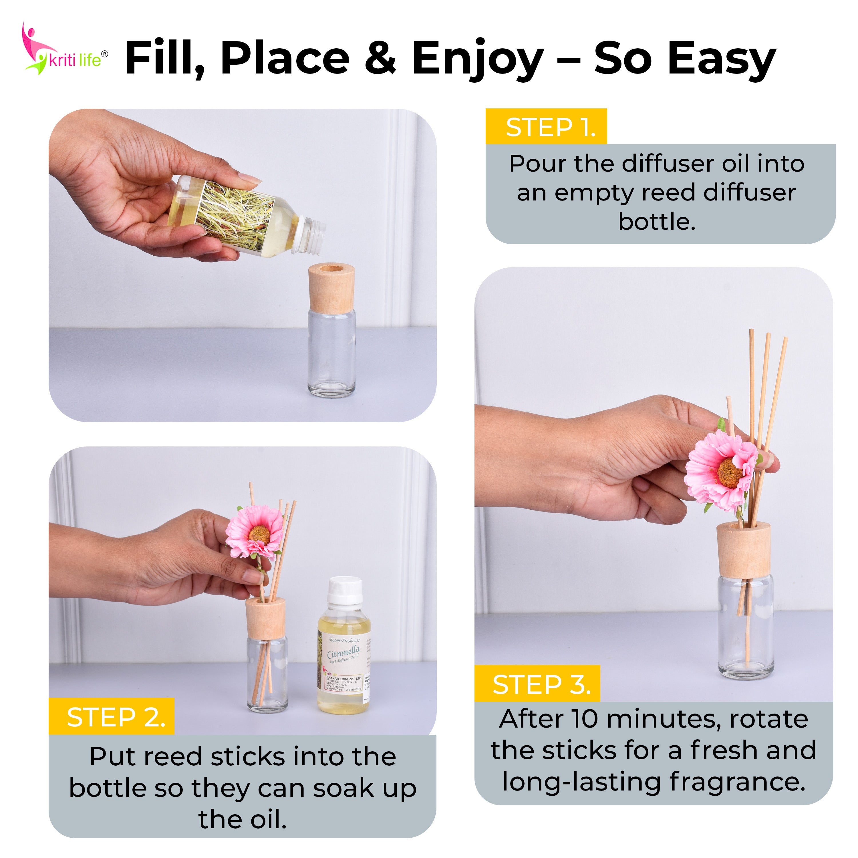 Kriti Life Reed Diffuser Refill - Citronella 90ML Long-Lasting Room Fragrance