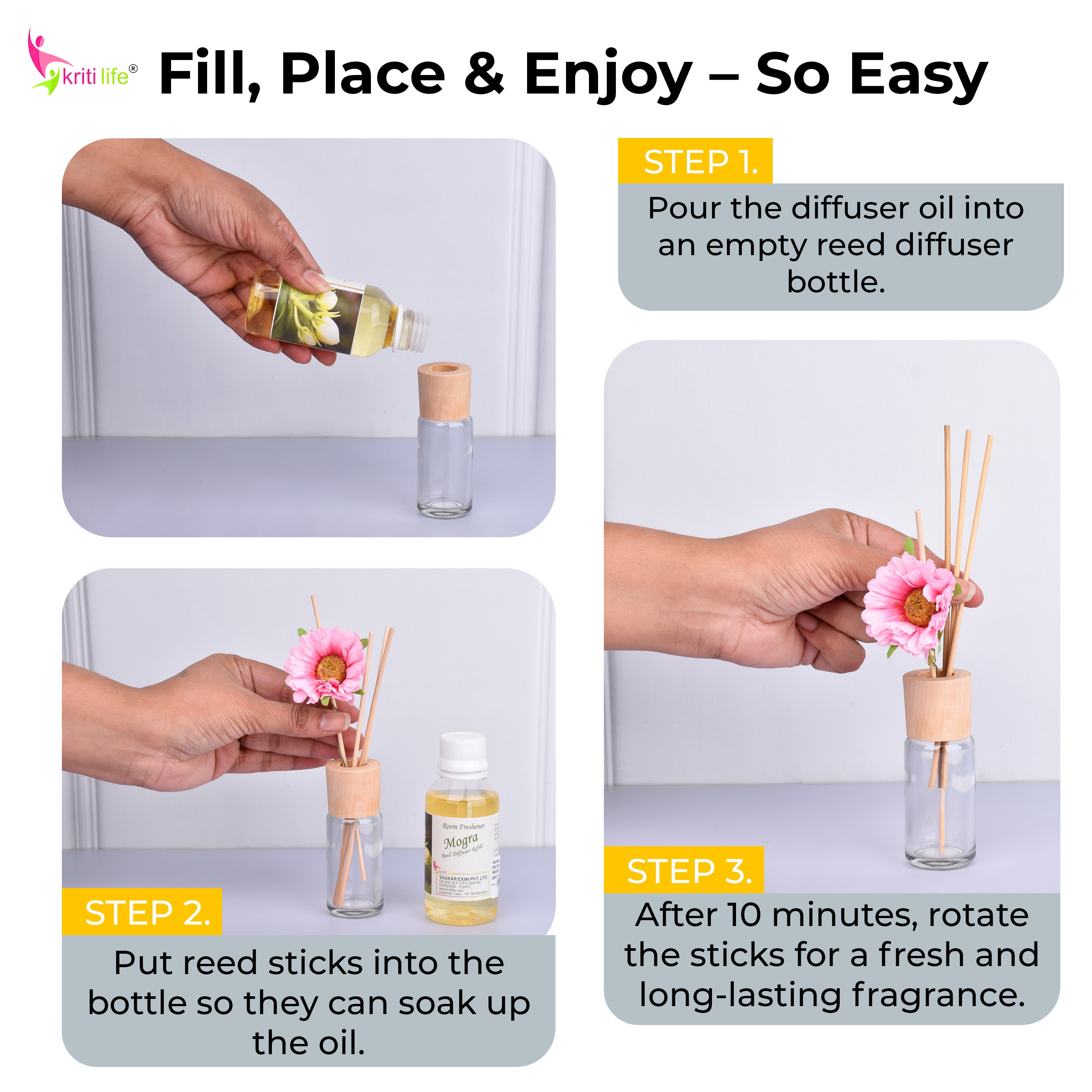 Kriti Life Reed Diffuser Refill - Mogra 90ML Long-Lasting Room Fragrance