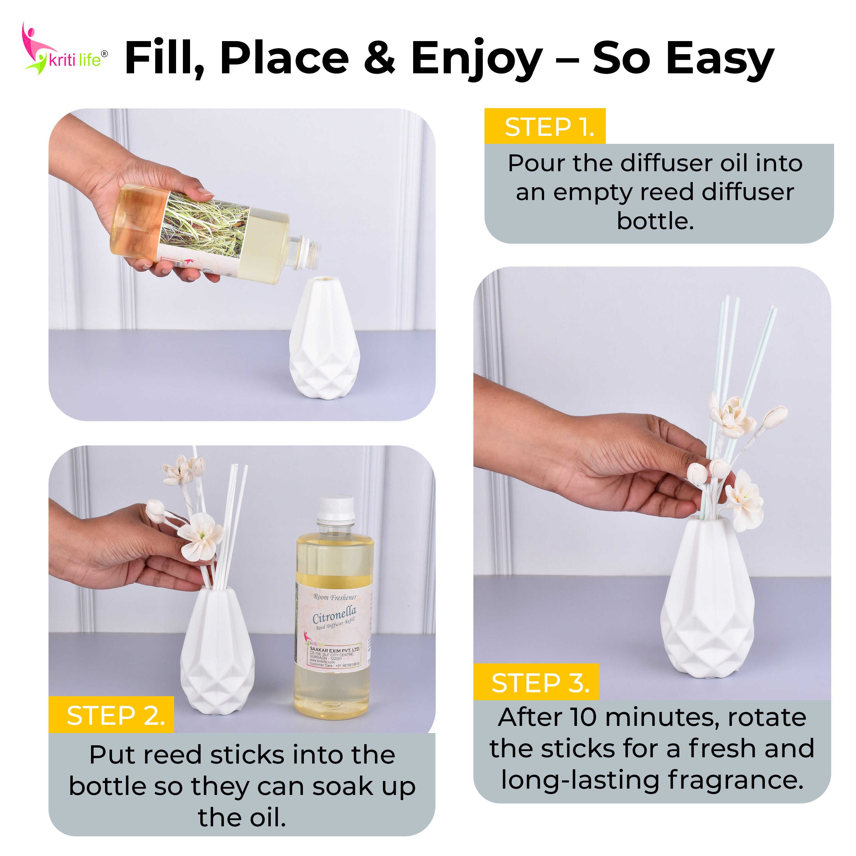 Kriti Life Reed Diffuser Refill - Citronella 450ML Long-Lasting Room Fragrance