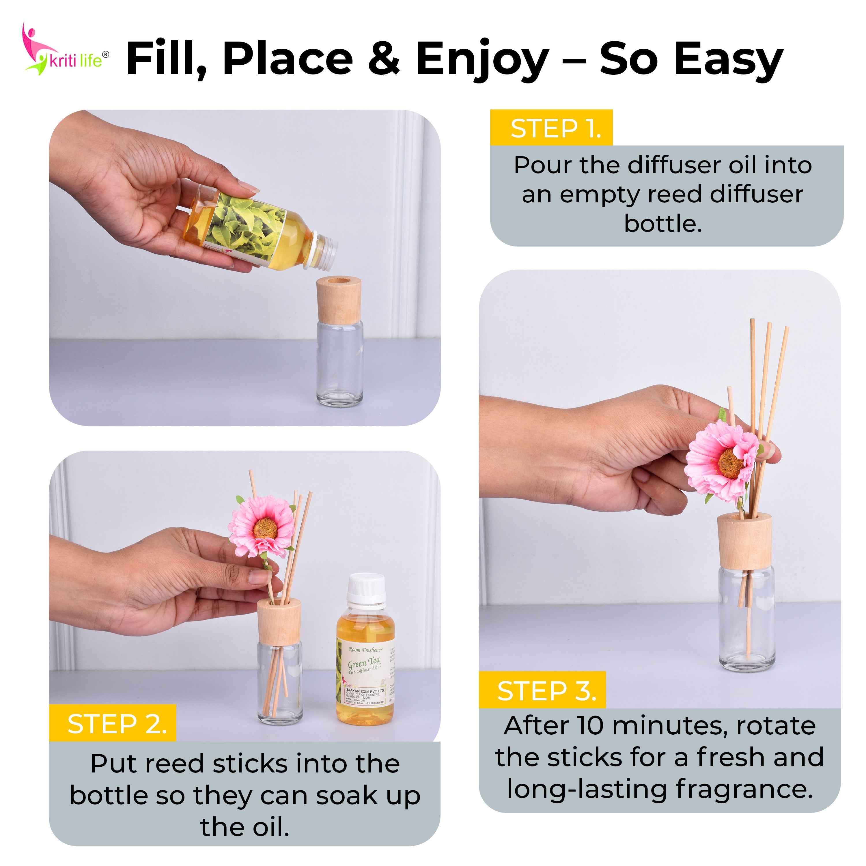 Kriti Life Reed Diffuser Refill - Green Tea 90ML Long-Lasting Room Fragrance