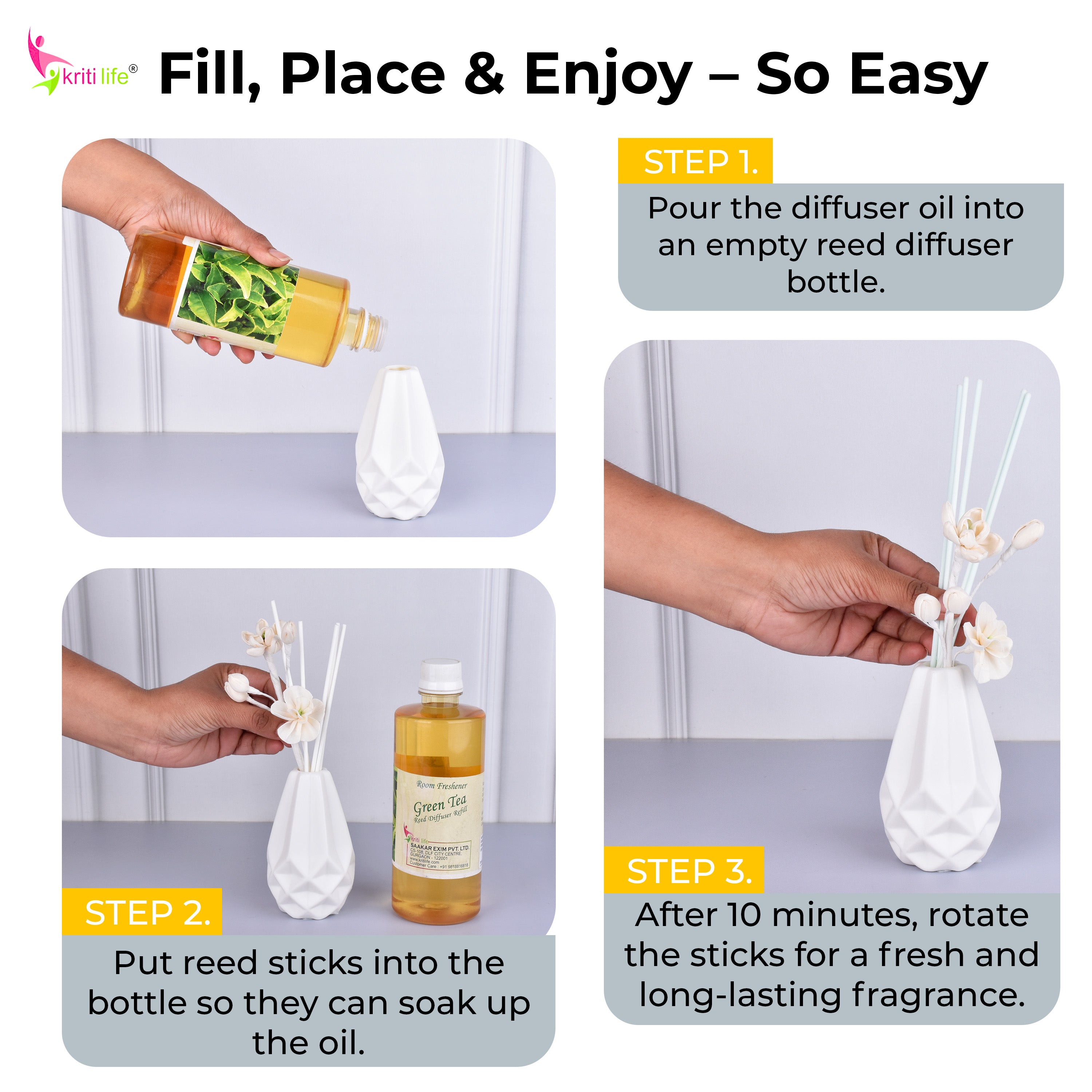 Kriti Life Reed Diffuser Refill - Green Tea 450ML Long-Lasting Room Fragrance