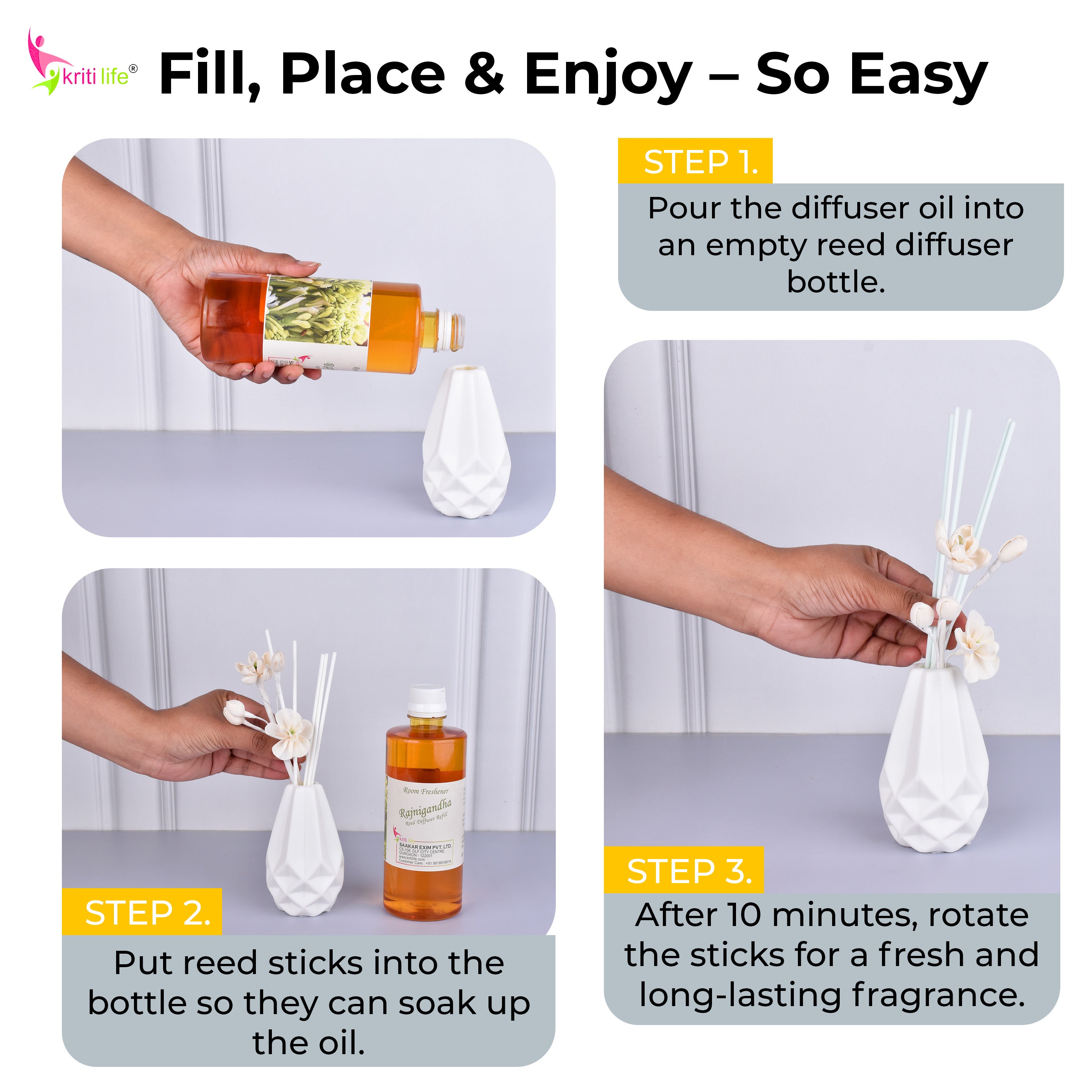 Kriti Life Reed Diffuser Refill - Rajni Gandha 450ML Long-Lasting Room Fragrance