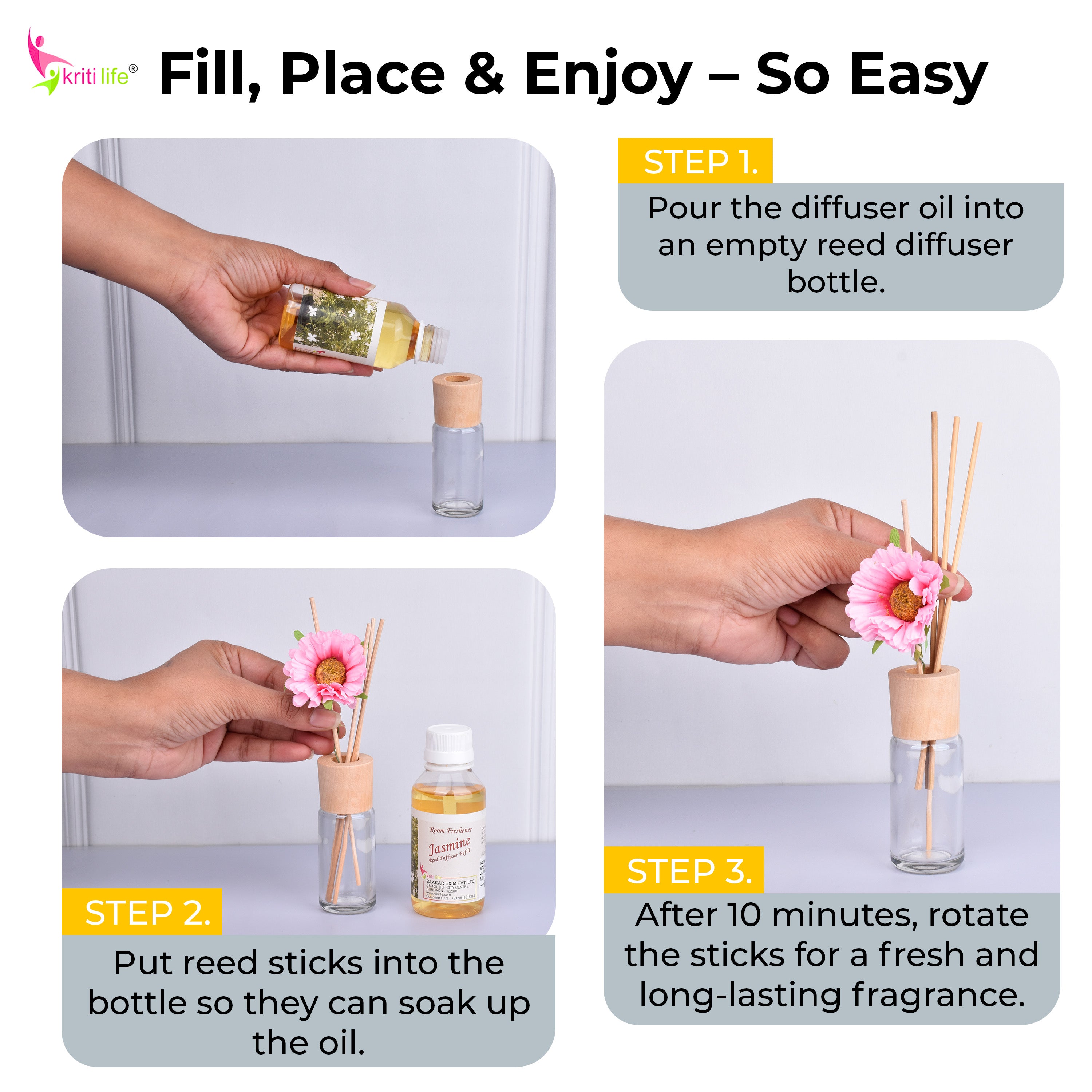 Kriti Life Reed Diffuser Refill - Jasmine 90ML Long-Lasting Room Fragrance