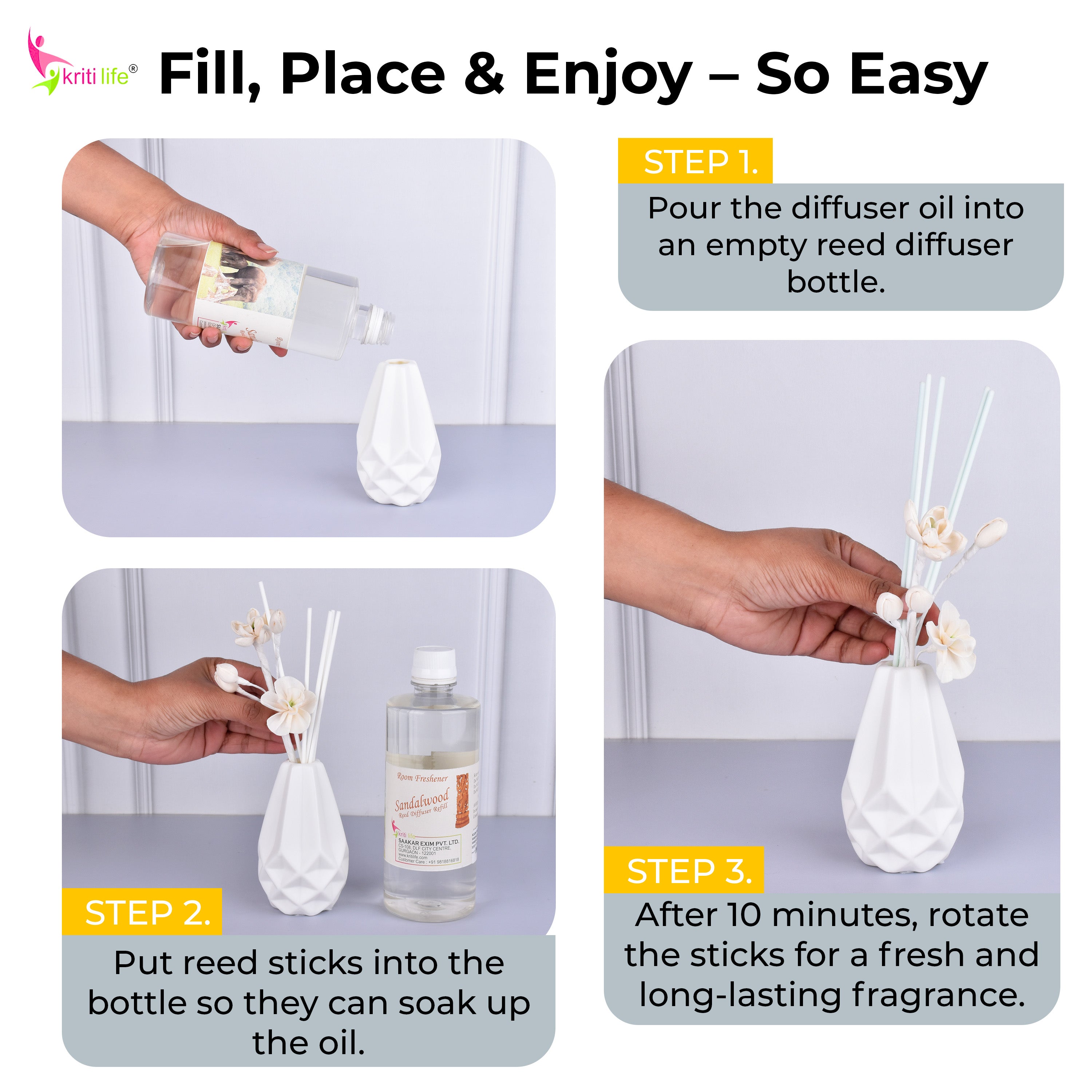 Kriti Life Reed Diffuser Refill - Sandalwood 450ML Long-Lasting Room Fragrance