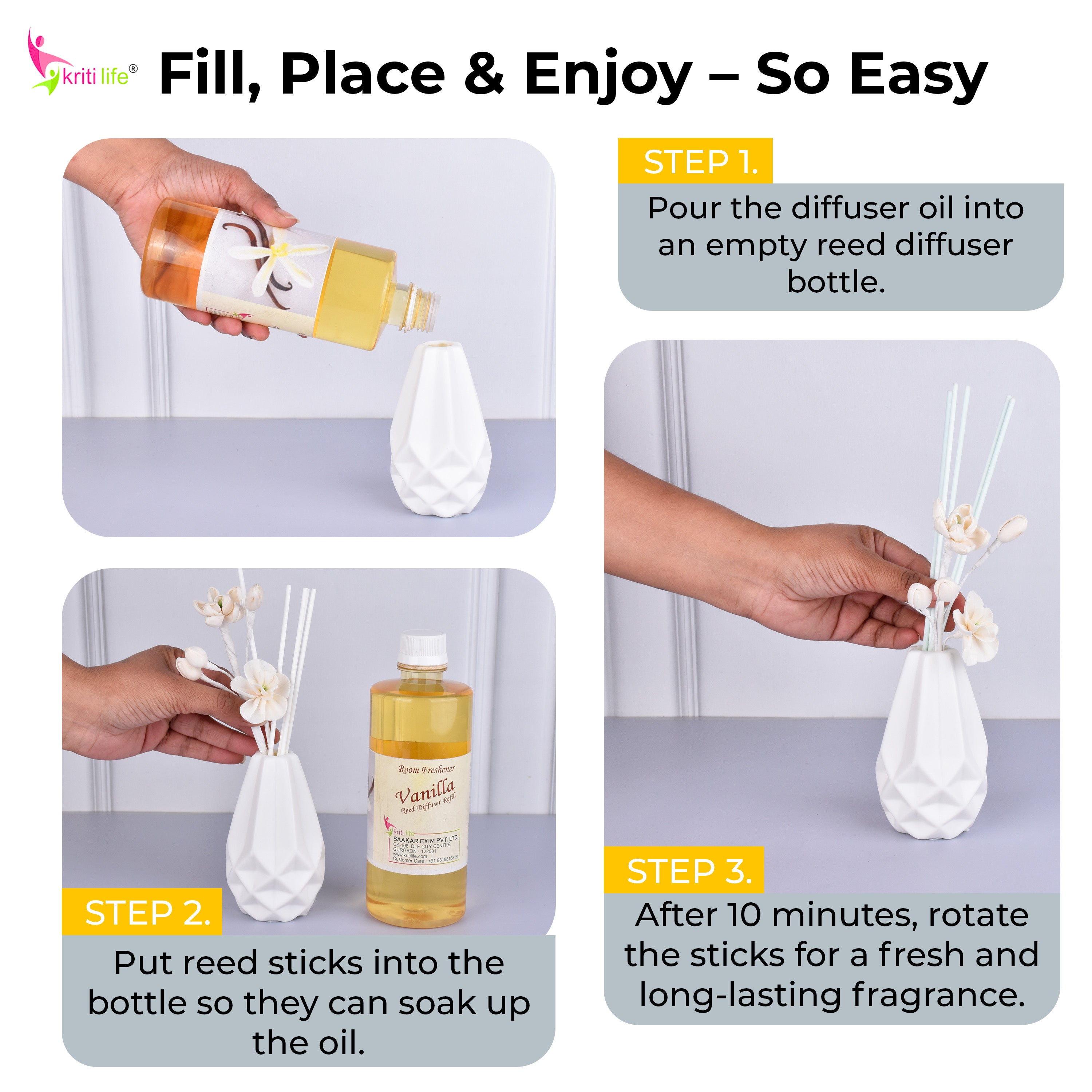 Kriti Life Reed Diffuser Refill - Vanilla 450ML Long-Lasting Room Fragrance