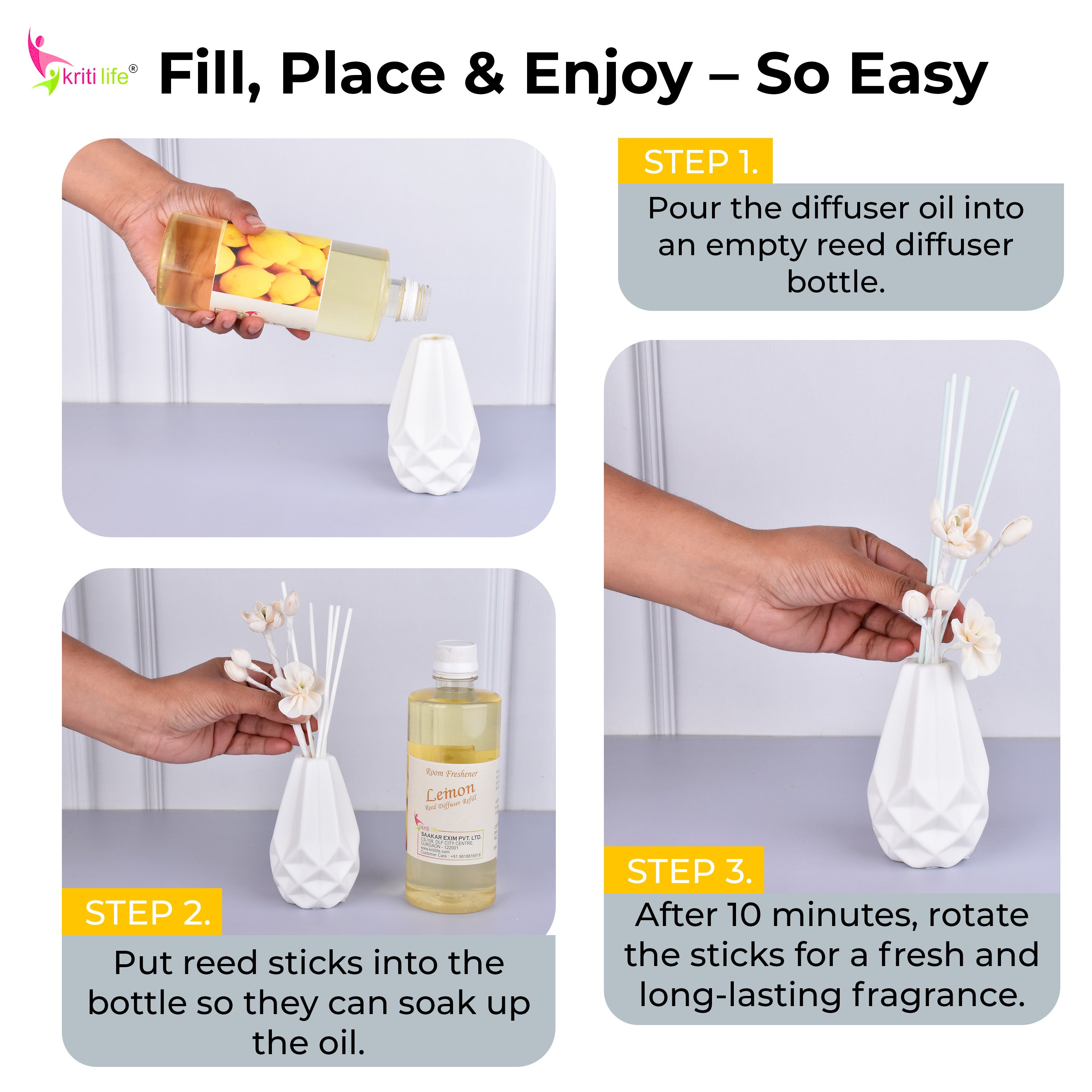 Kriti Life Reed Diffuser Refill - Lemon 450ML Long-Lasting Room Fragrance