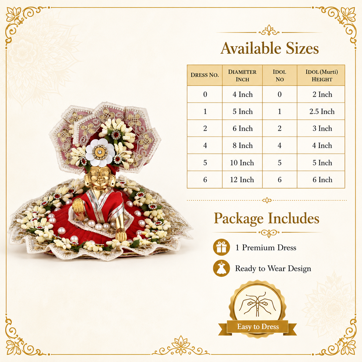 Laddu Gopal Dress with Mukut Set for 3-4 Inch Bal Gopal (Red & Gold)