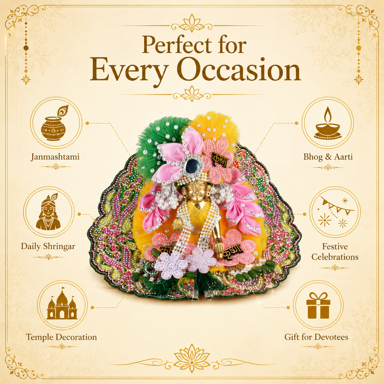 Premium Laddu Gopal Dress with Mukut Set for 4-5 Inch Bal Gopal (Yellow, Pink & Green)