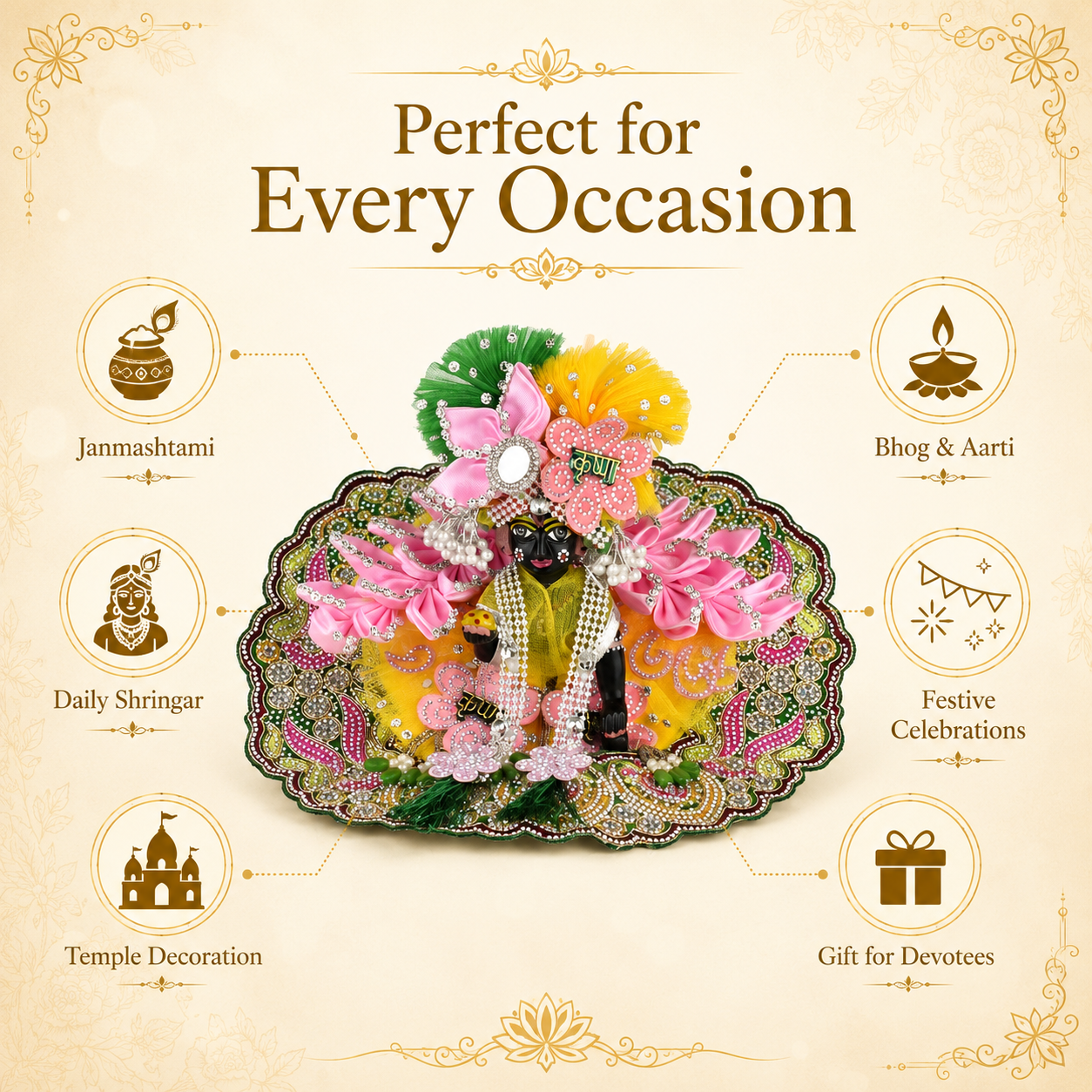 Premium Laddu Gopal Dress with Mukut Set for 5-6 Inch Bal Gopal (Yellow, Pink & Green)