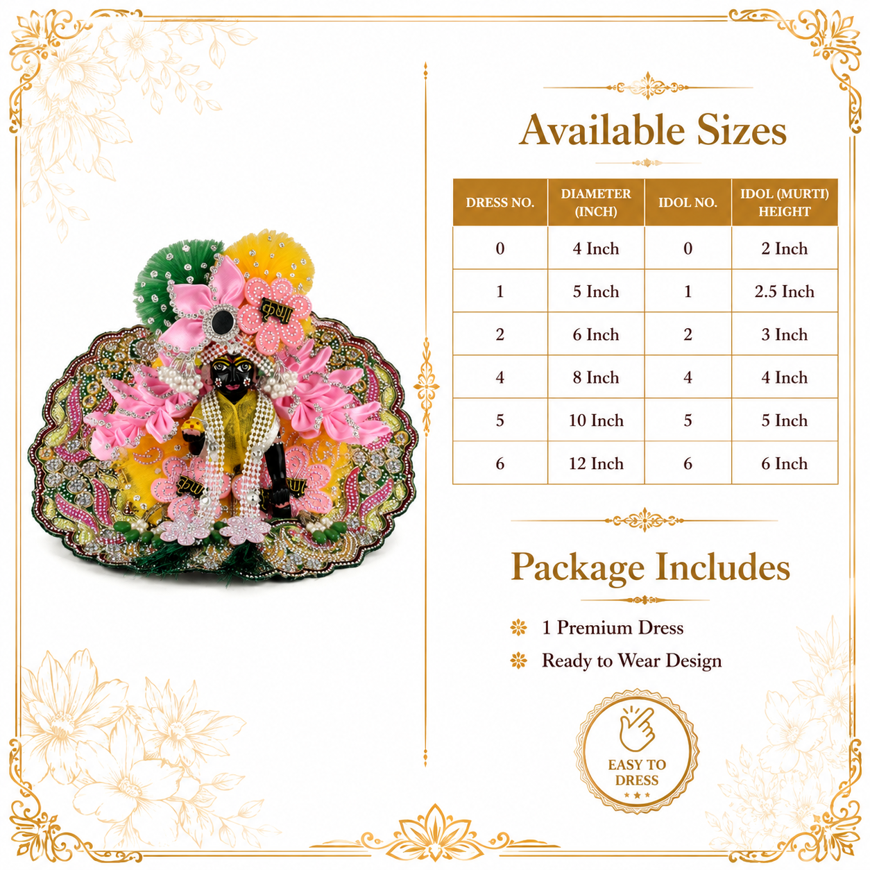 Premium Laddu Gopal Dress with Mukut Set for 5-6 Inch Bal Gopal (Yellow, Pink & Green)