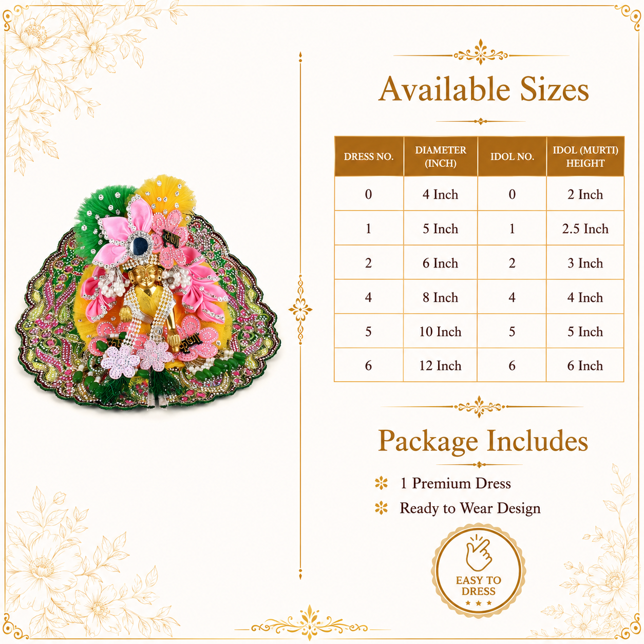Premium Laddu Gopal Dress with Mukut Set for 4-5 Inch Bal Gopal (Yellow, Pink & Green)