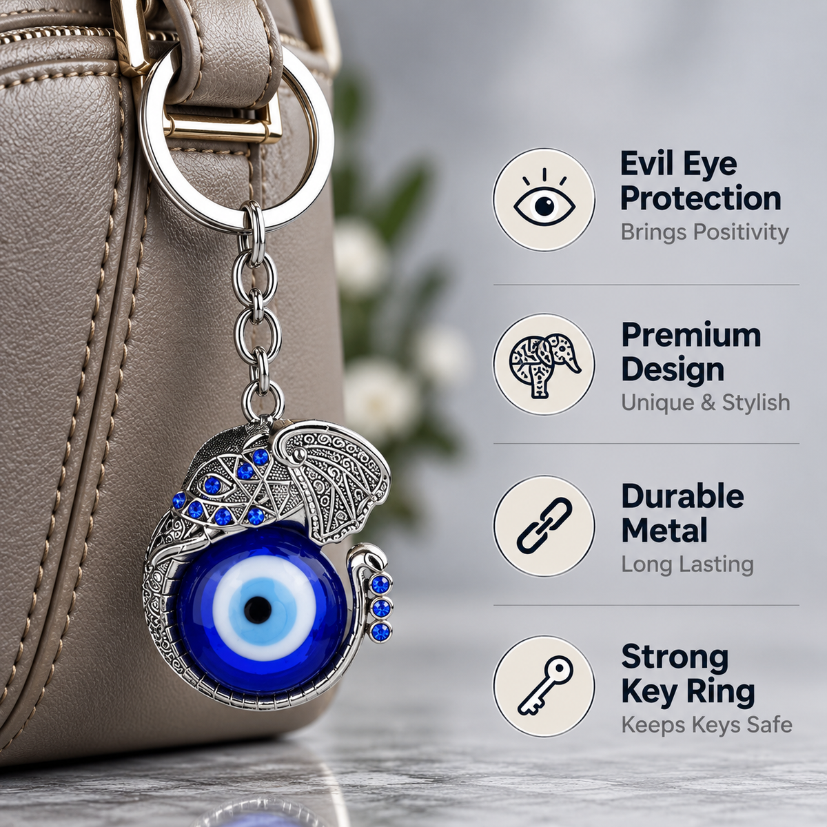 Elephant Evil Eye Keychain | Nazar Suraksha Keyring with Royal Elephant Charm for Luck & Protection-11 cm Hight
