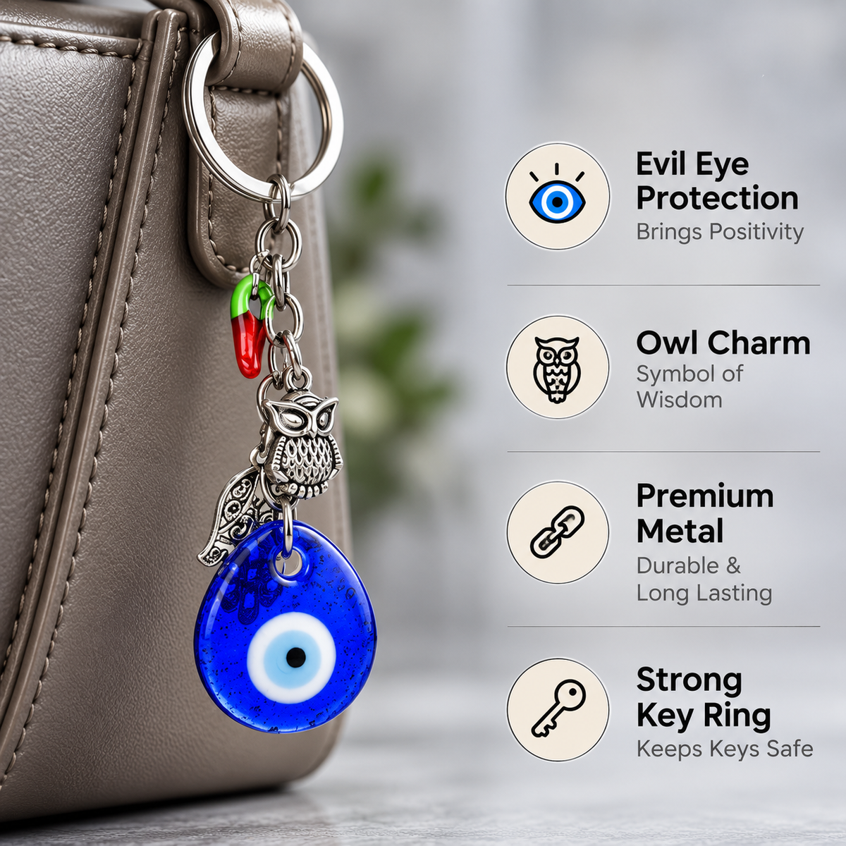 Evil Eye Keychain with Owl, Hamsa & Chilli Charm | Protection from Negativity & Stylish Accessory- 12 cm Hight