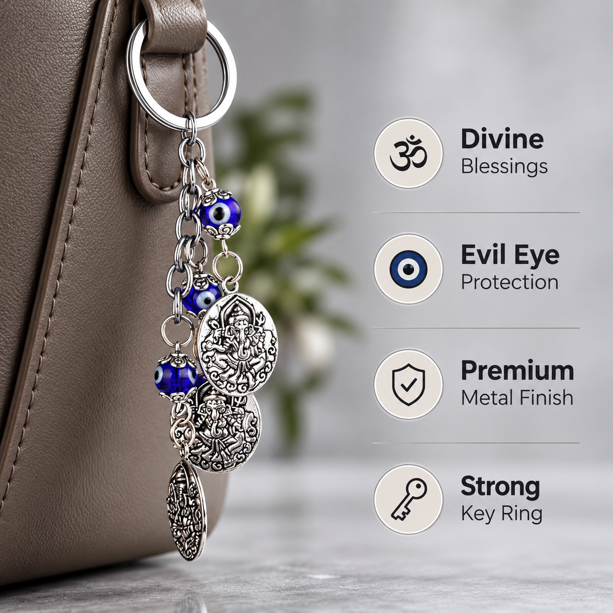 Ganesh Evil Eye Keychain | Nazar Suraksha with Ganpati Charms & Blue Protection Beads-13 cm Hight