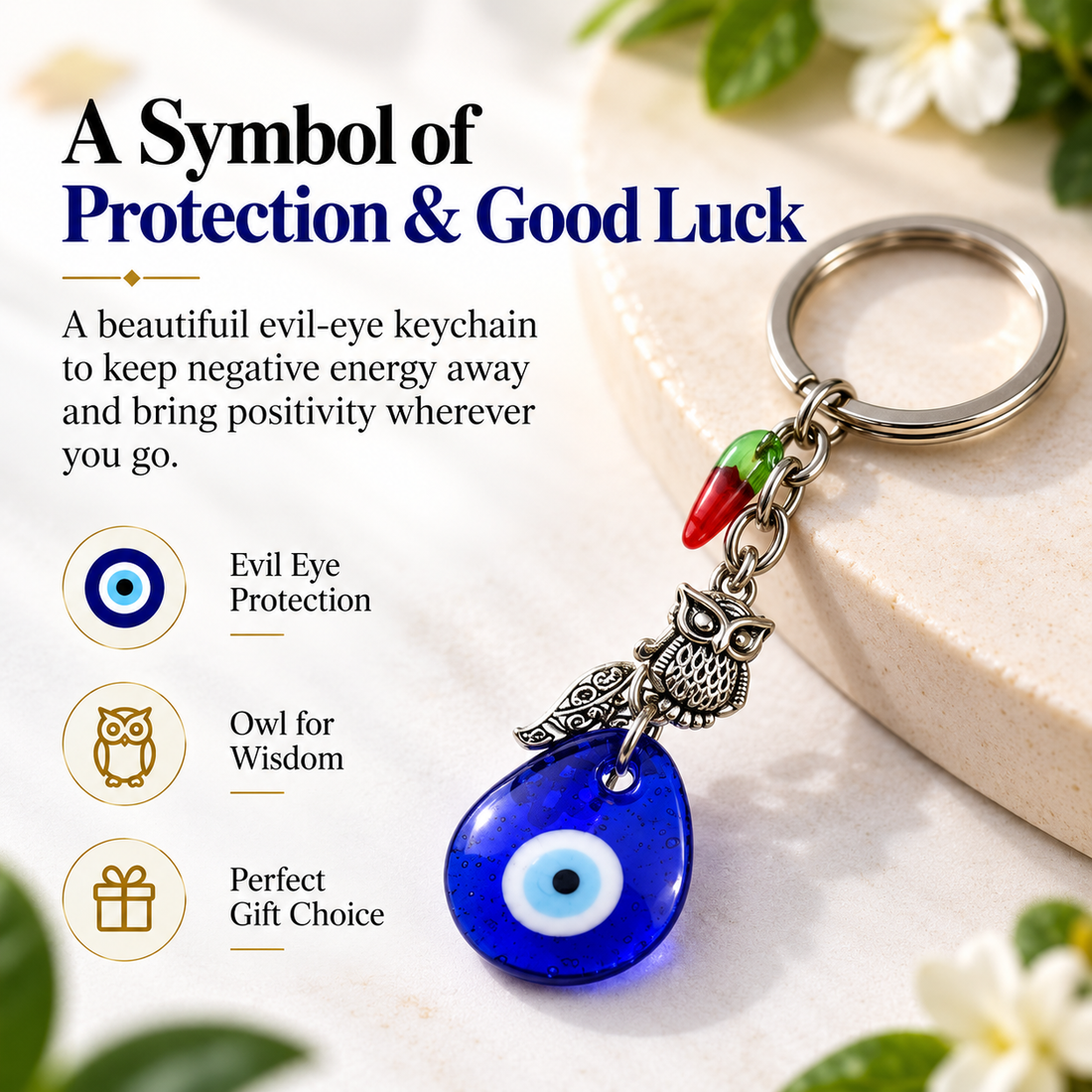 Evil Eye Keychain with Owl, Hamsa & Chilli Charm | Protection from Negativity & Stylish Accessory- 12 cm Hight
