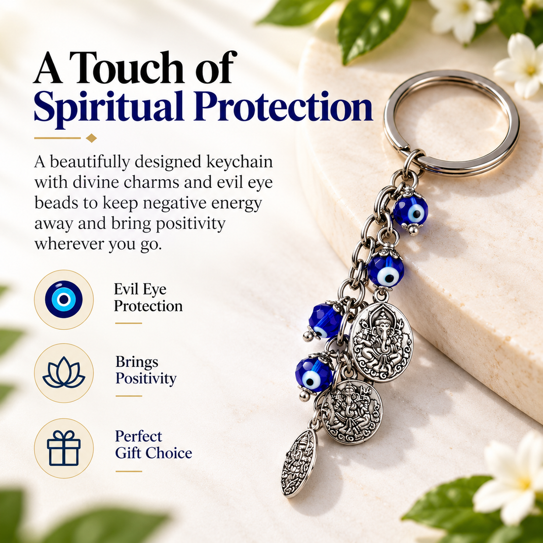 Ganesh Evil Eye Keychain | Nazar Suraksha with Ganpati Charms & Blue Protection Beads-13 cm Hight