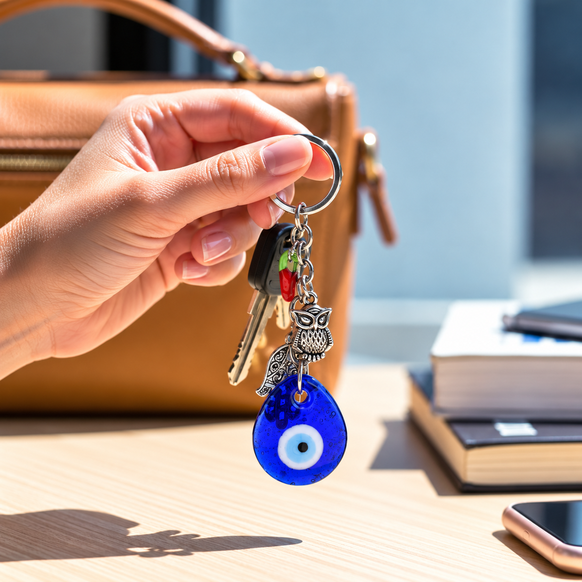 Evil Eye Keychain with Owl, Hamsa & Chilli Charm | Protection from Negativity & Stylish Accessory- 12 cm Hight