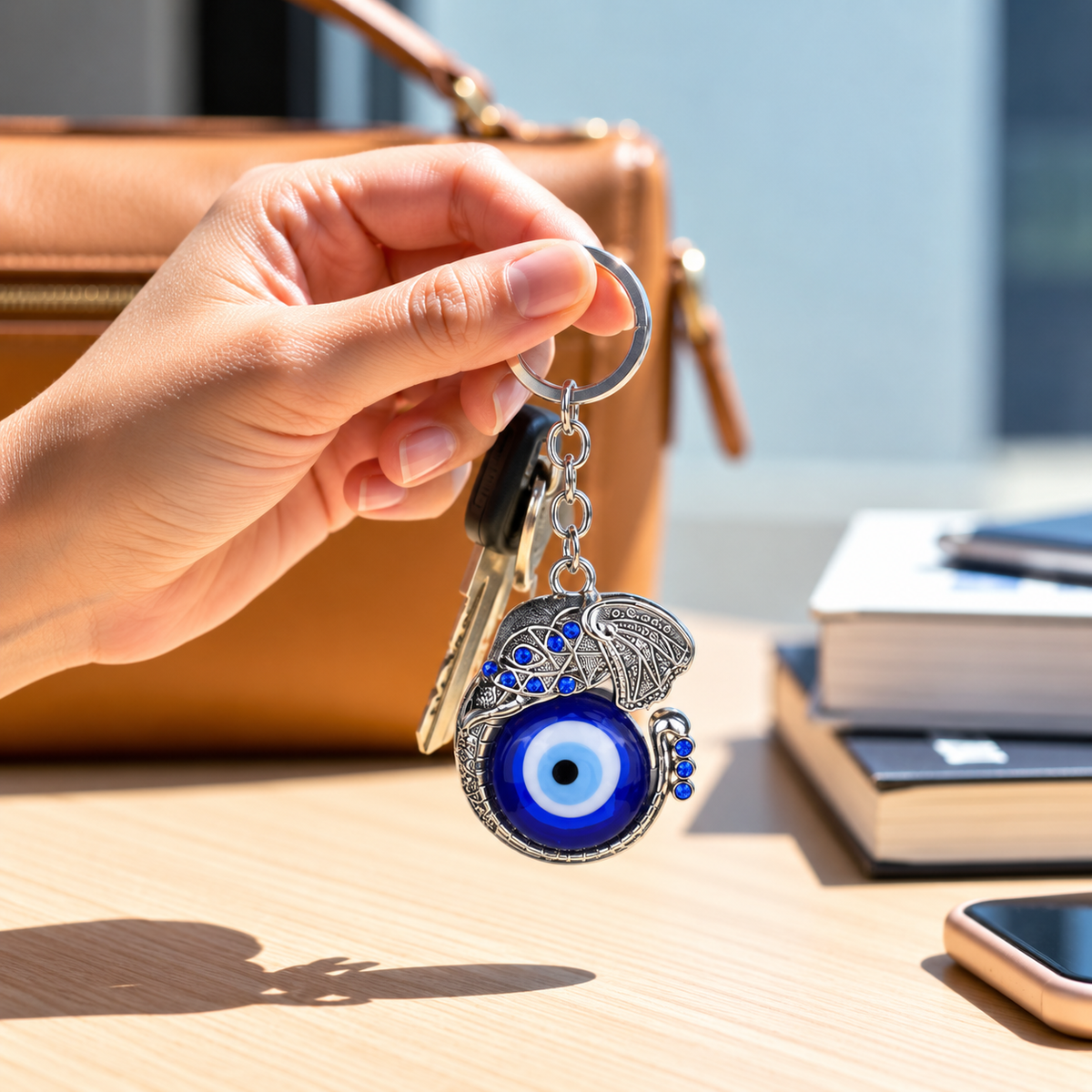 Elephant Evil Eye Keychain | Nazar Suraksha Keyring with Royal Elephant Charm for Luck & Protection-11 cm Hight