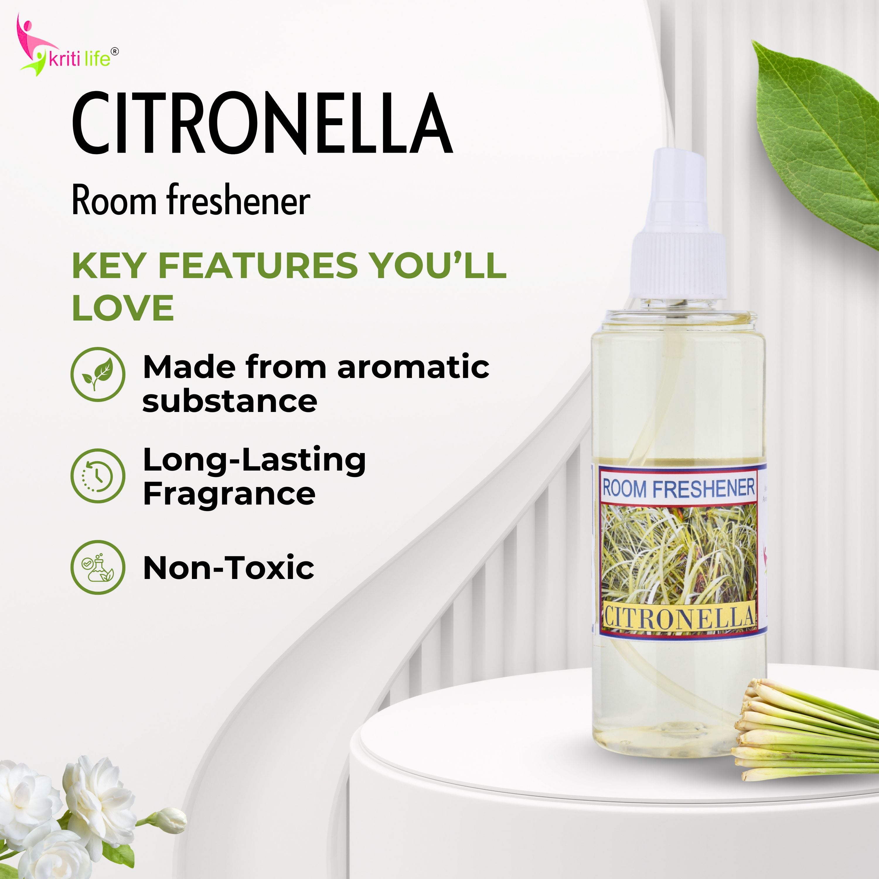 Kriti Life Room Spray - Citronella 165 ML Long-Lasting Fragrance for Home &amp; Office