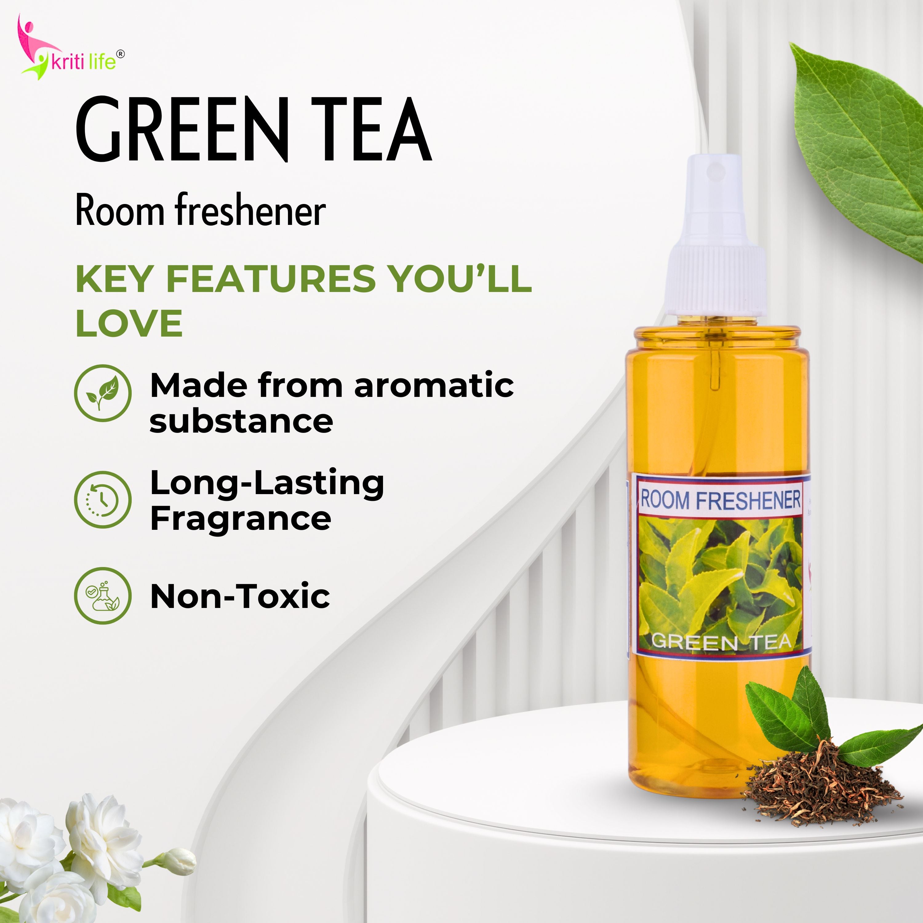 Kriti Life Room Spray - Green Tea 165 ML Long-Lasting Fragrance for Home &amp; Office.